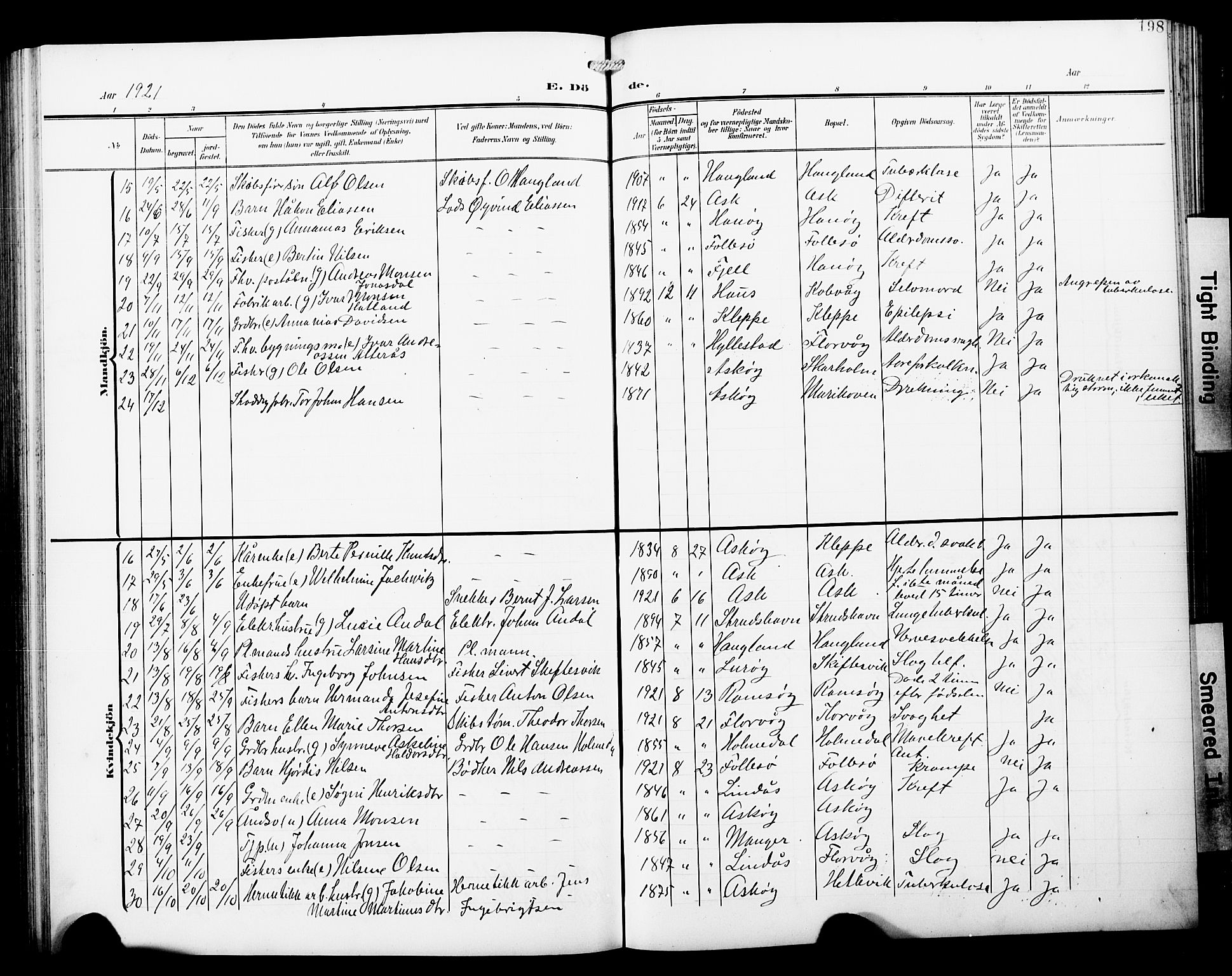 Askøy Sokneprestembete, AV/SAB-A-74101/H/Ha/Hab/Haba/L0014: Klokkerbok nr. A 14, 1904-1927, s. 198