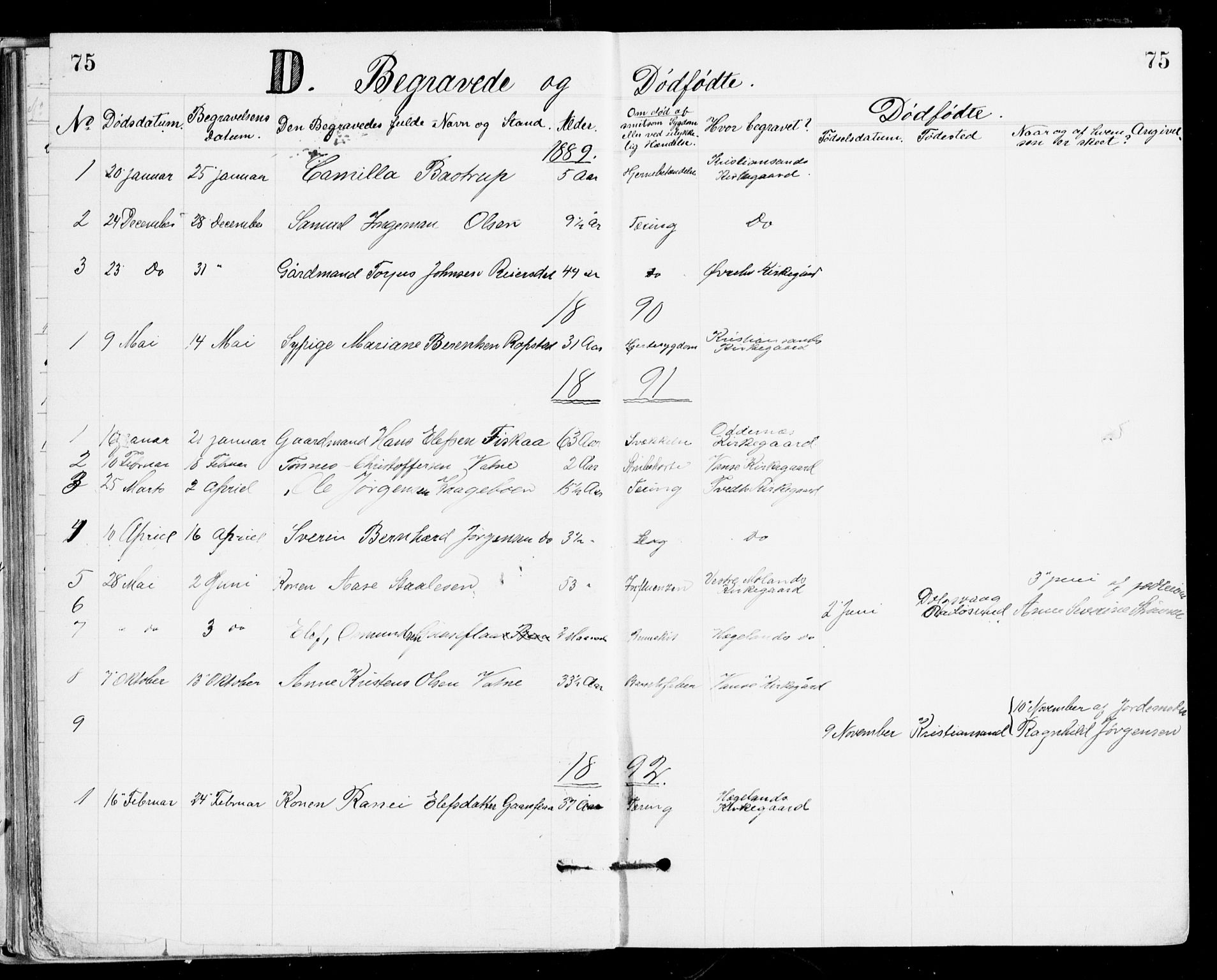 Den evangelisk-lutherske frikirke, Kristiansand, AV/SAK-1292-0017/F/Fa/L0002: Dissenterprotokoll nr. F 10, 1889-1892, s. 75