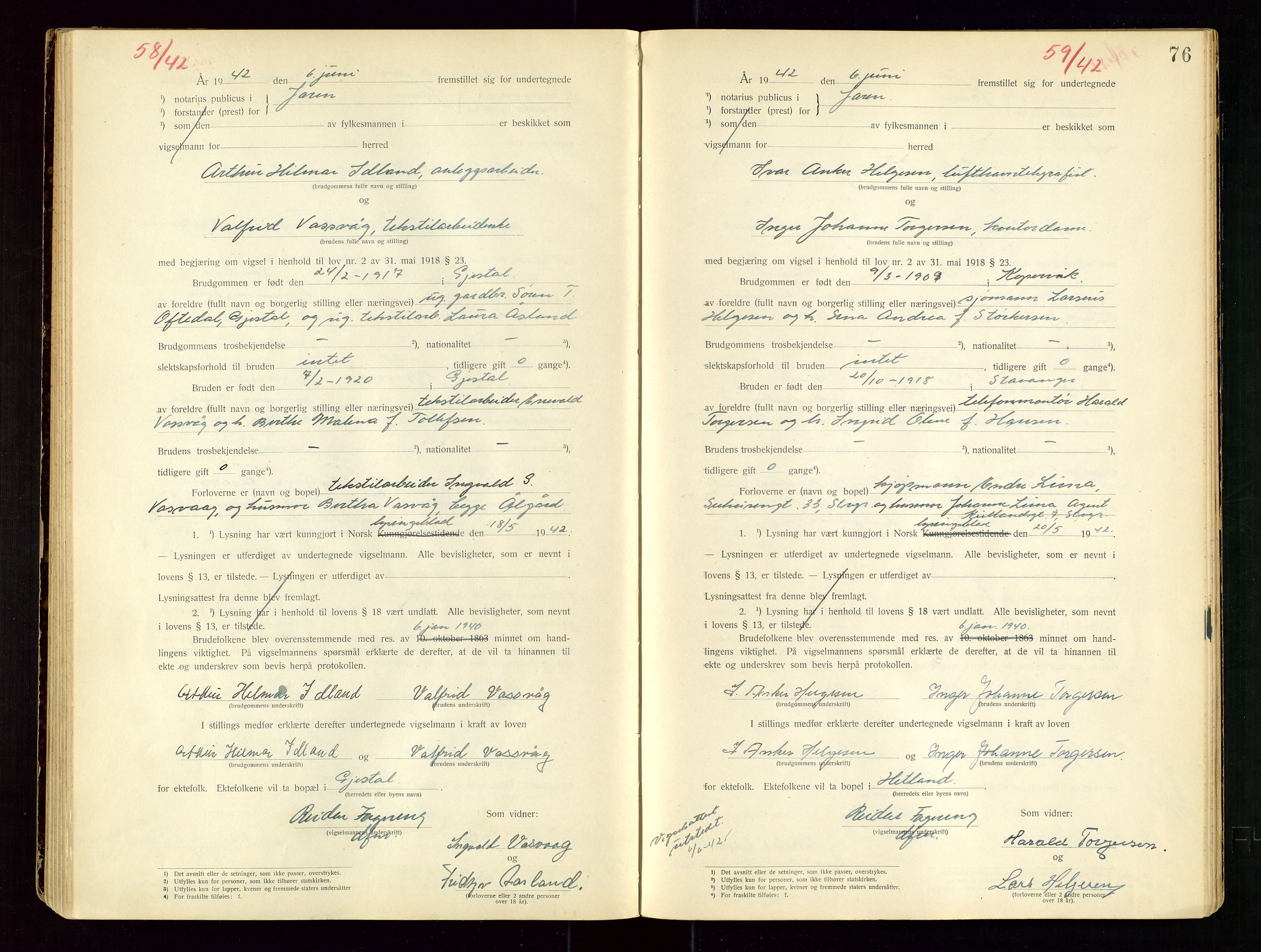 Jæren sorenskriveri, AV/SAST-A-100310/01/6/62/62BA/L0002: VIGSELSPROTOKOLL, 1937-1942, s. 76