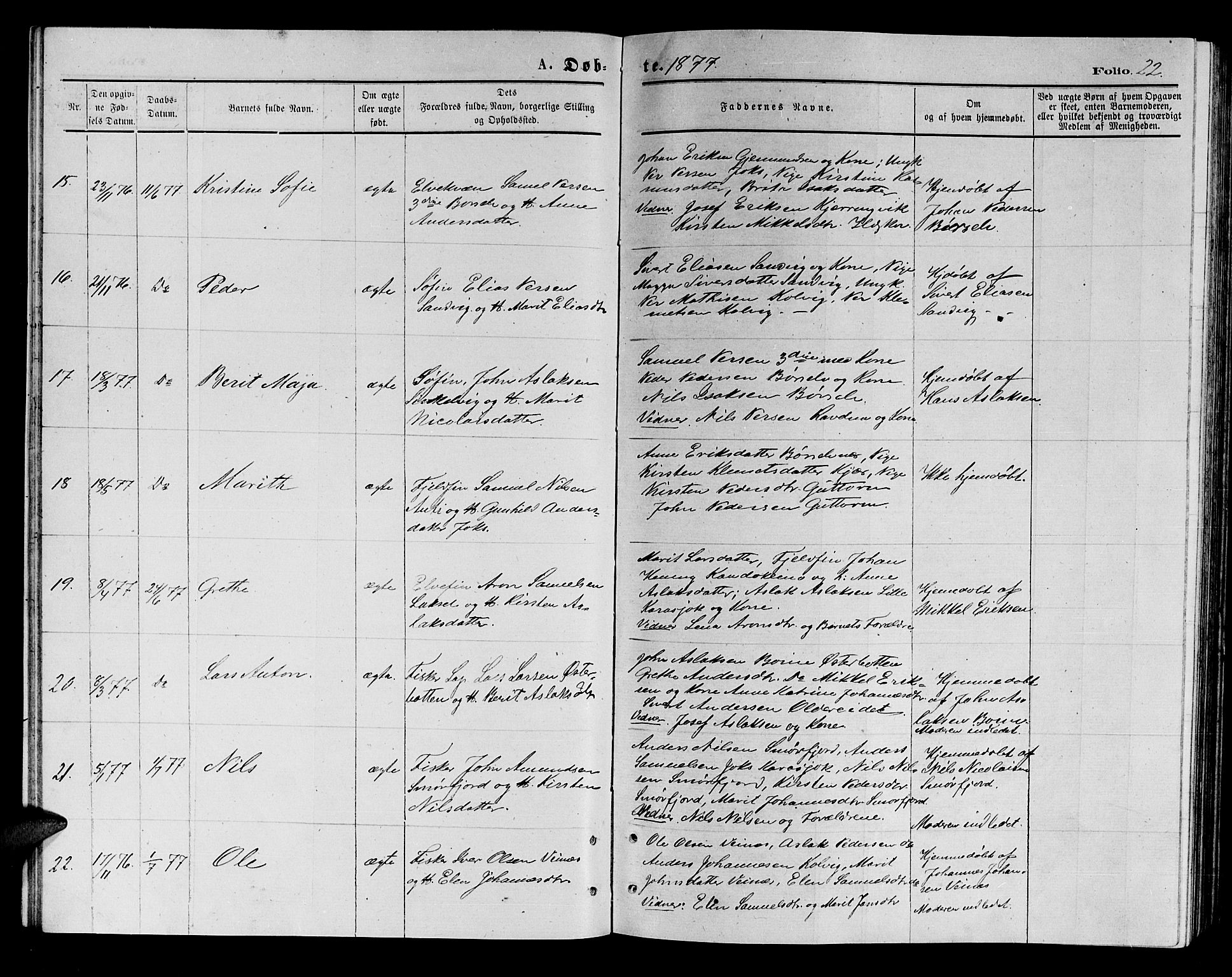 Kistrand/Porsanger sokneprestembete, AV/SATØ-S-1351/H/Hb/L0003.klokk: Klokkerbok nr. 3, 1874-1885, s. 22