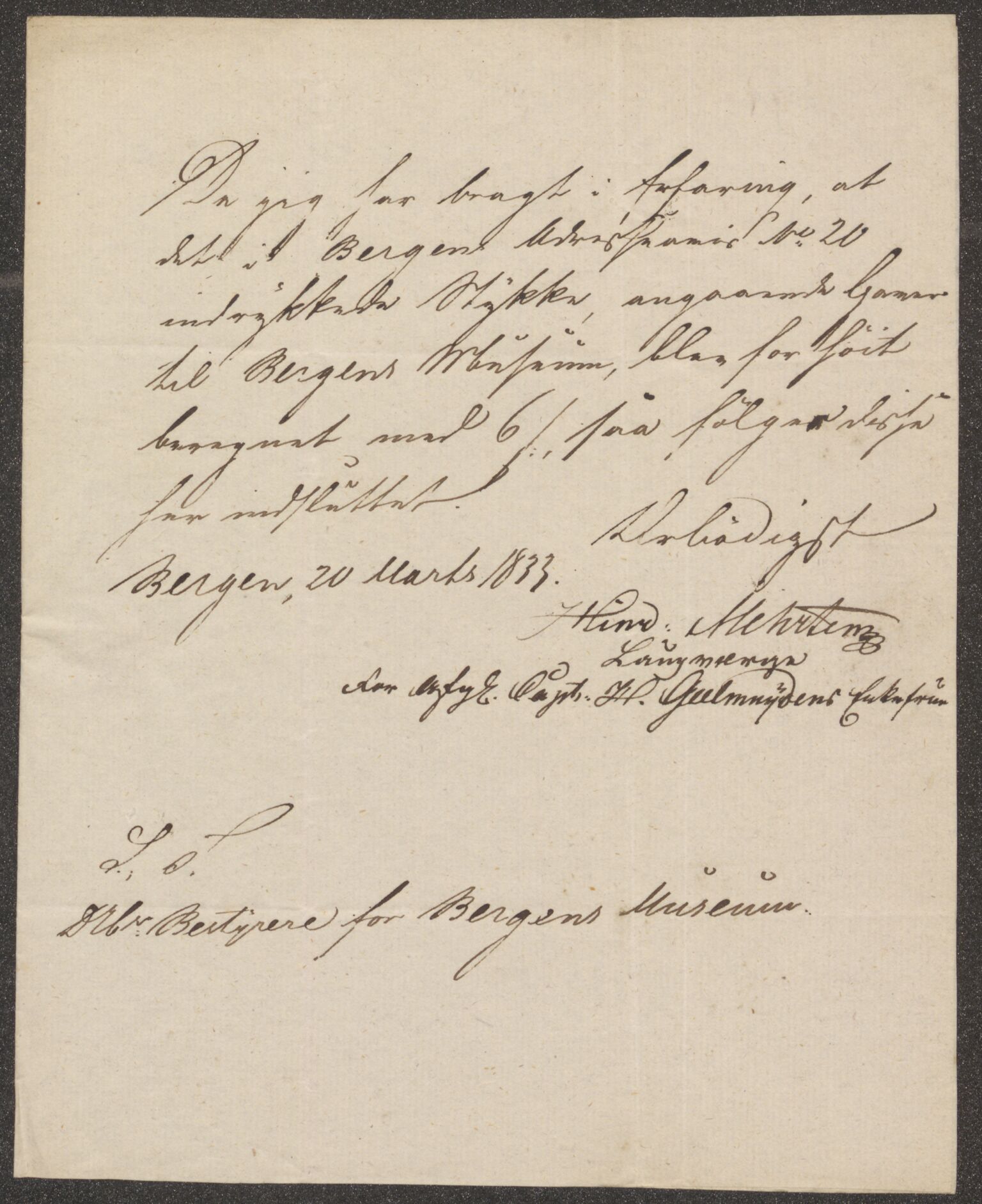 Bergens Museum. Direksjonen/ styret, UMB/A007/D/Da/L0006/0001: Innkommende brev 1833 - 1834 / Innkommende brev 1833, 1833