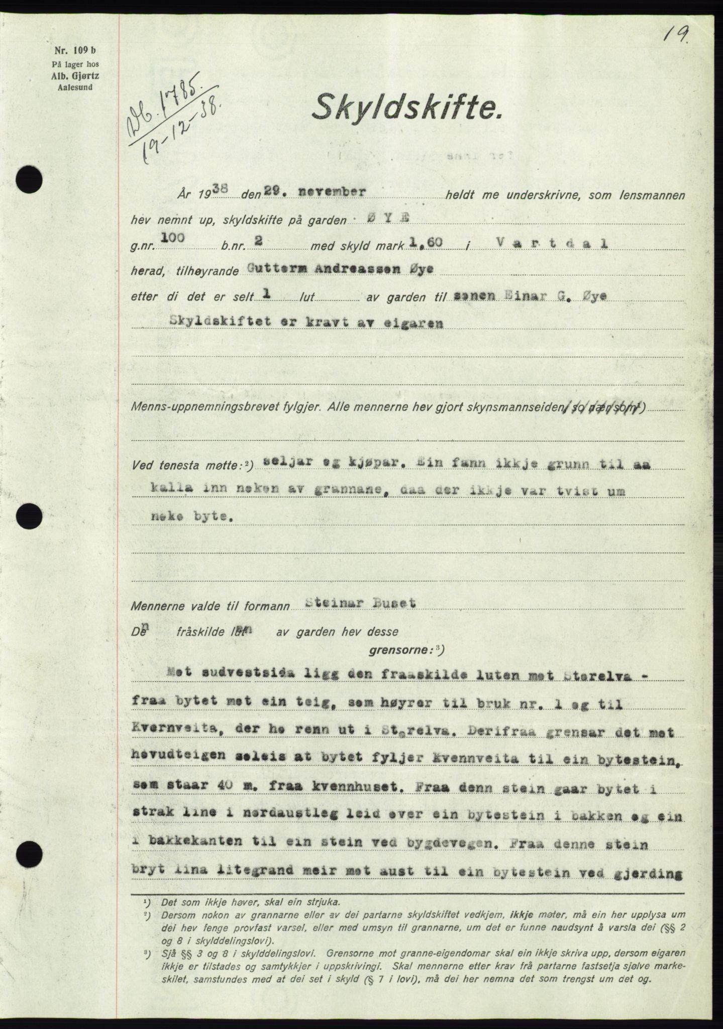 Søre Sunnmøre sorenskriveri, AV/SAT-A-4122/1/2/2C/L0067: Pantebok nr. 61, 1938-1939, Dagboknr: 1785/1938