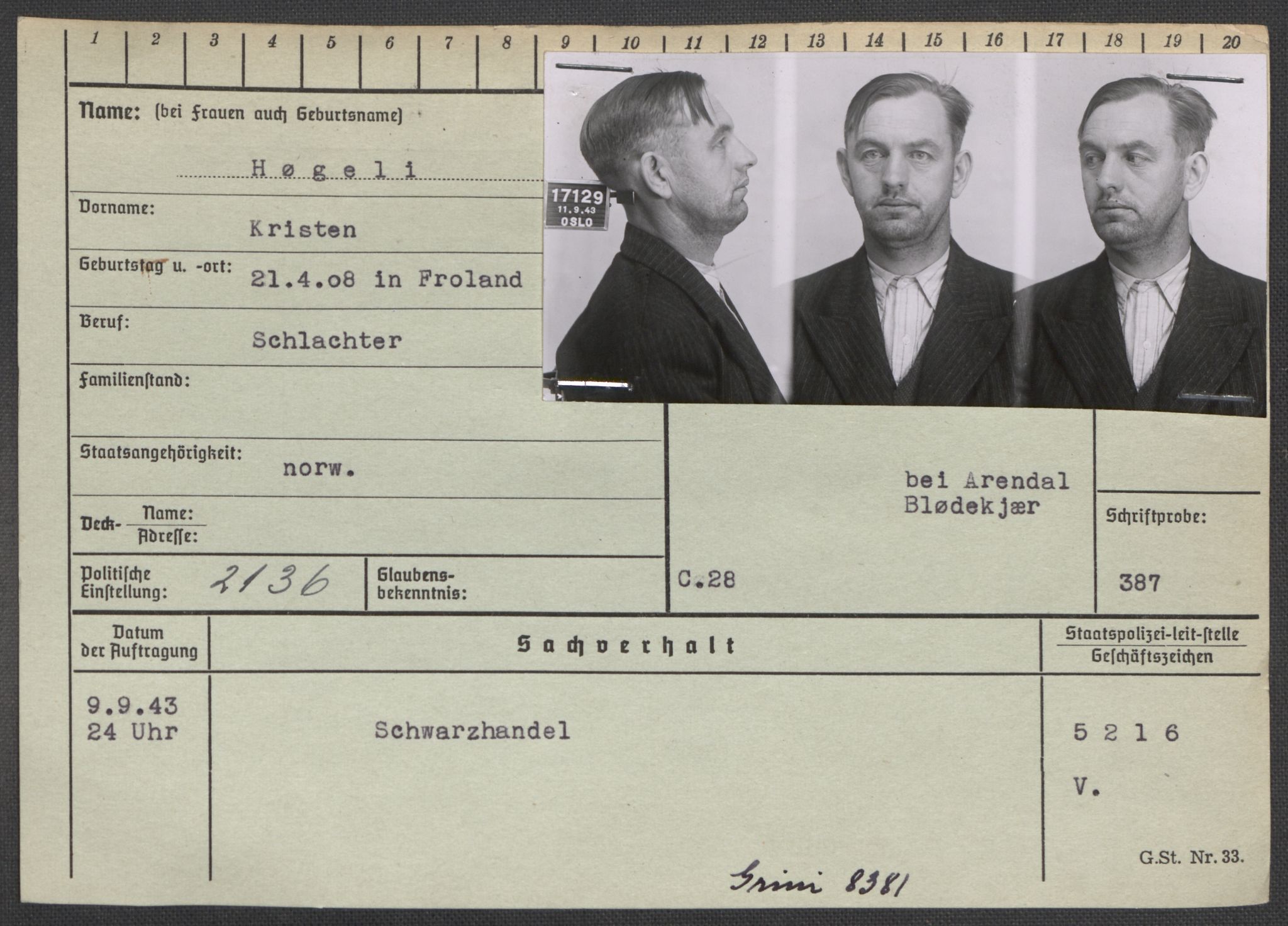 Befehlshaber der Sicherheitspolizei und des SD, AV/RA-RAFA-5969/E/Ea/Eaa/L0005: Register over norske fanger i Møllergata 19: Hø-Kj, 1940-1945, s. 12