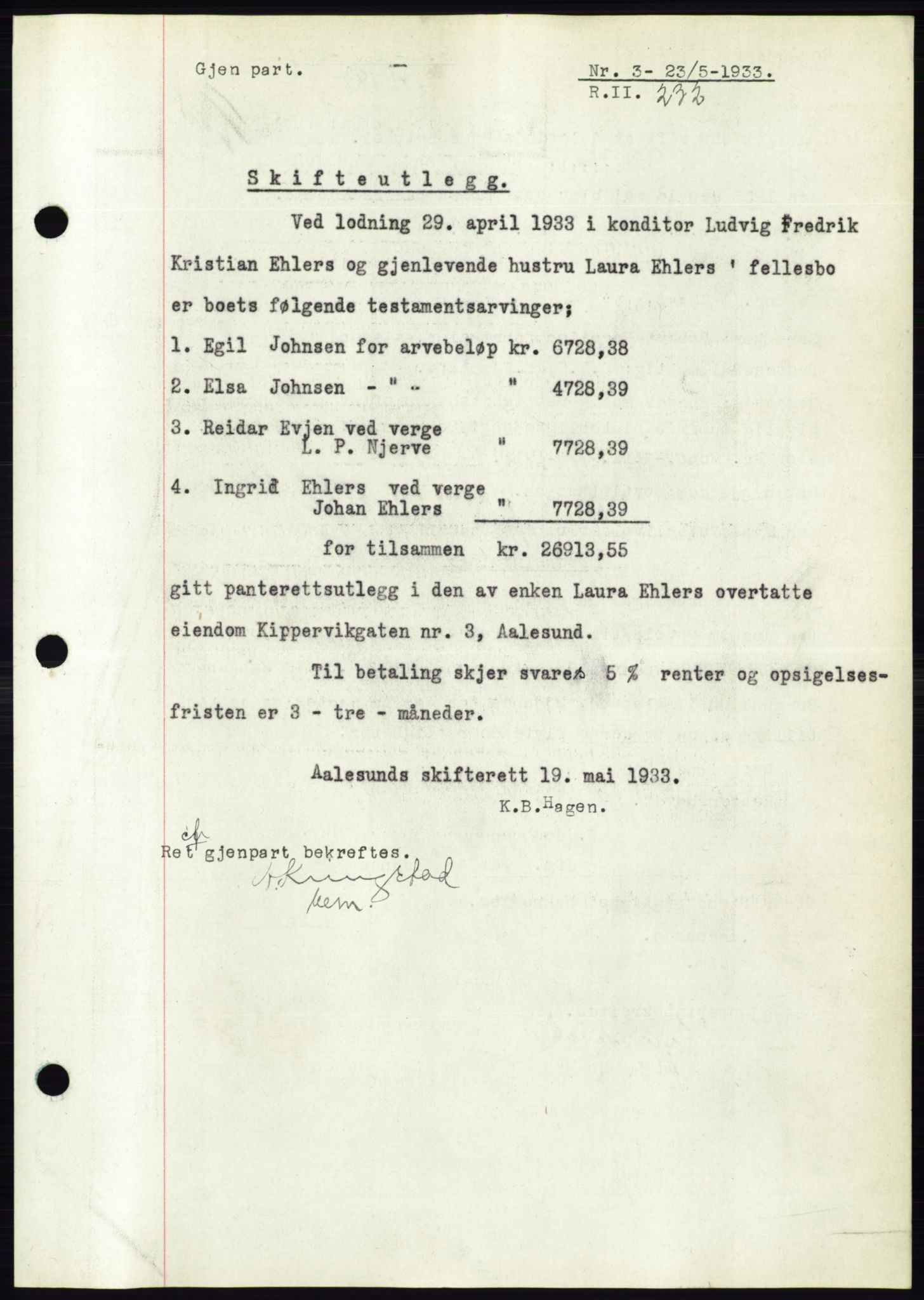 Ålesund byfogd, AV/SAT-A-4384: Pantebok nr. 30, 1932-1933, Tingl.dato: 23.05.1933