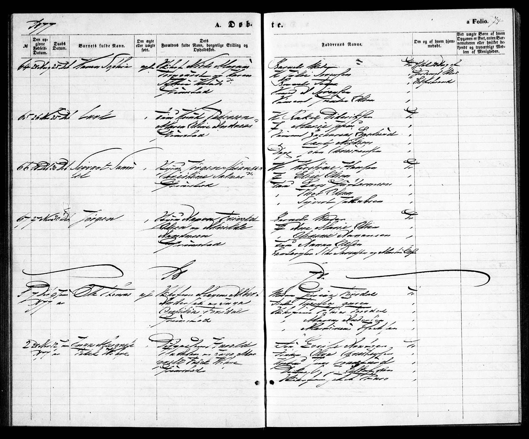 Grimstad sokneprestkontor, AV/SAK-1111-0017/F/Fa/L0002: Ministerialbok nr. A 1, 1869-1881, s. 74