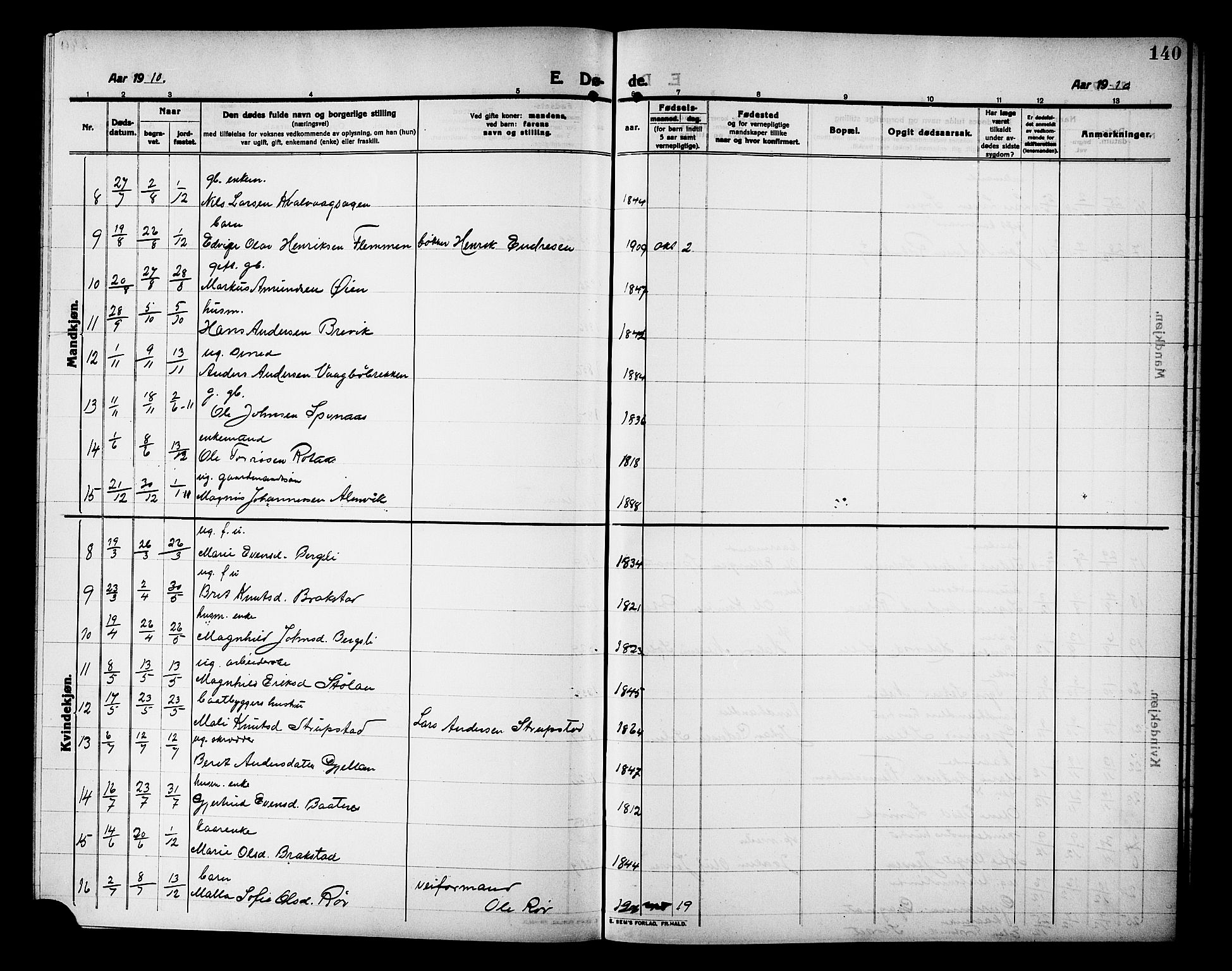 Ministerialprotokoller, klokkerbøker og fødselsregistre - Møre og Romsdal, AV/SAT-A-1454/586/L0993: Klokkerbok nr. 586C04, 1910-1918, s. 140