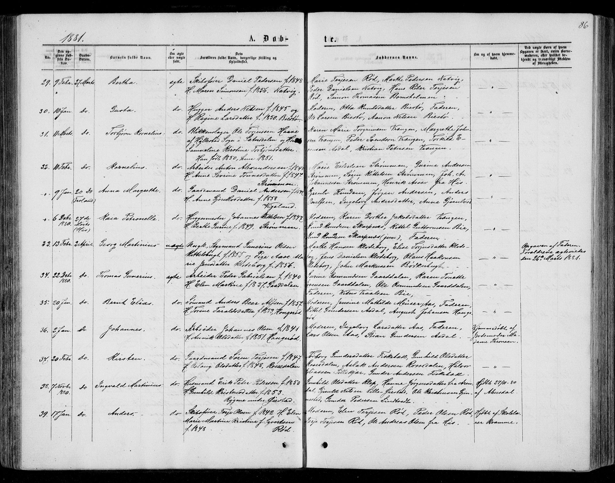 Øyestad sokneprestkontor, AV/SAK-1111-0049/F/Fb/L0008: Klokkerbok nr. B 8, 1872-1886, s. 86