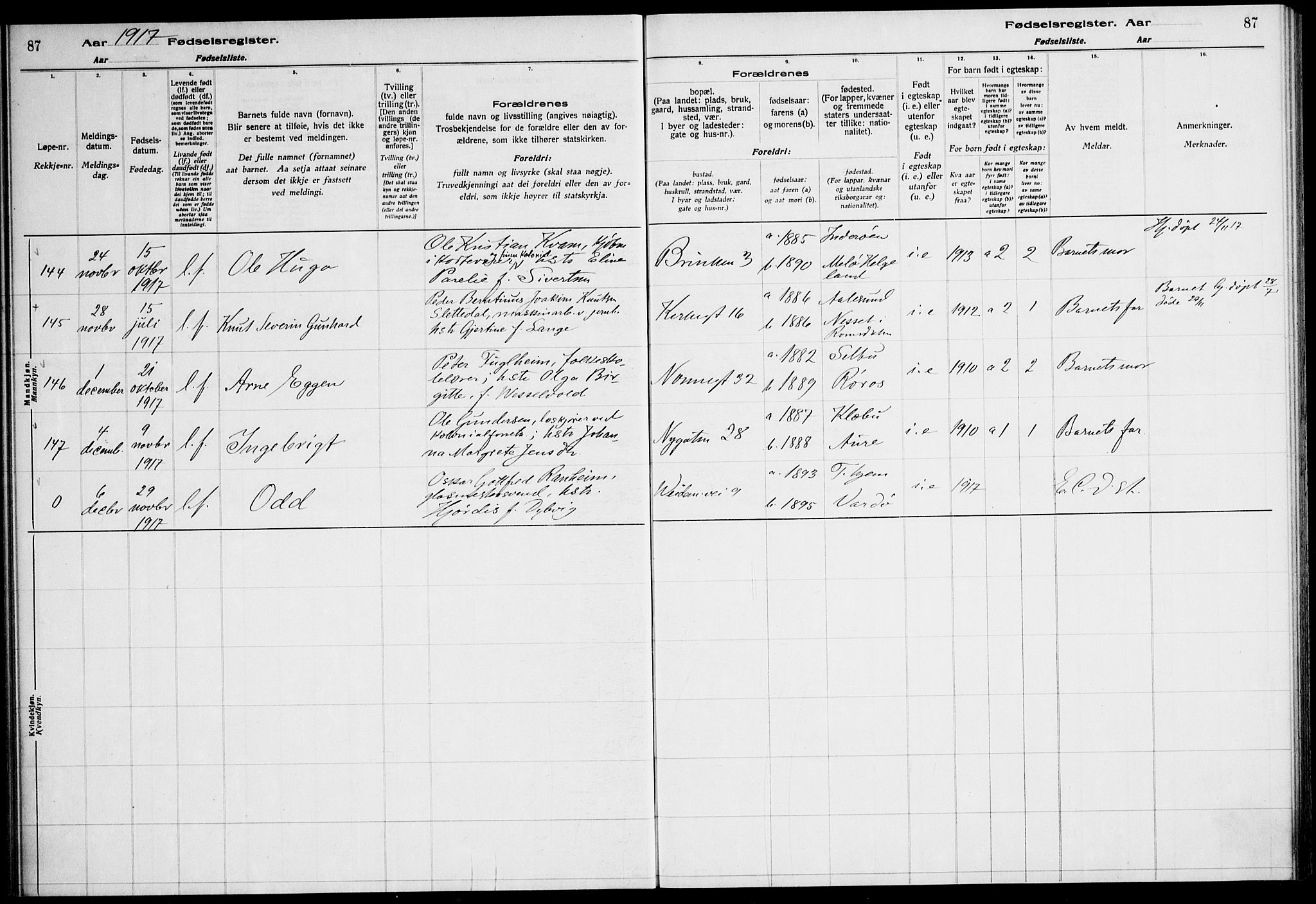 Ministerialprotokoller, klokkerbøker og fødselsregistre - Sør-Trøndelag, AV/SAT-A-1456/604/L0232: Fødselsregister nr. 604.II.4.1, 1916-1920, s. 87