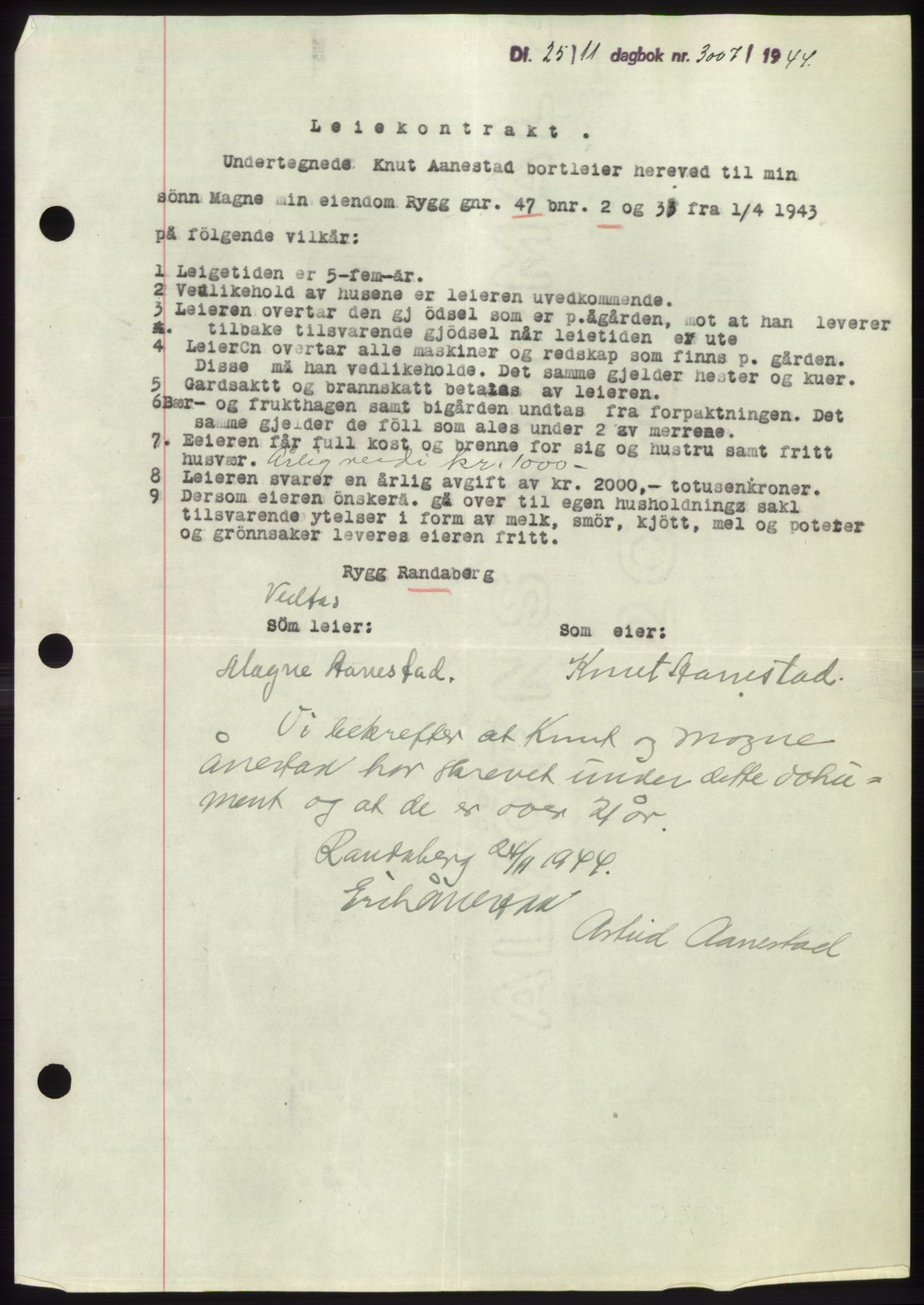 Jæren sorenskriveri, SAST/A-100310/03/G/Gba/L0087: Pantebok, 1944-1945, Dagboknr: 3007/1944