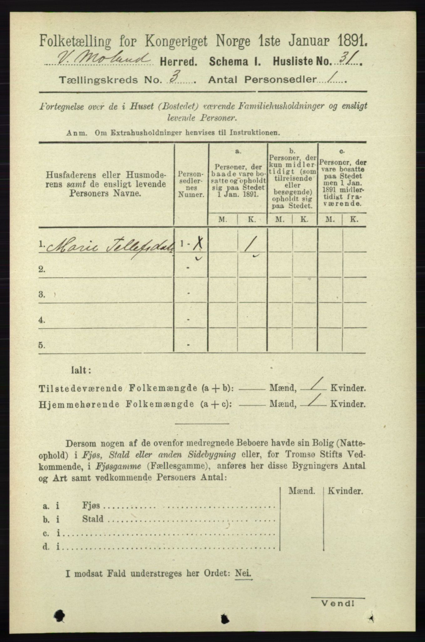 RA, Folketelling 1891 for 0926 Vestre Moland herred, 1891, s. 952