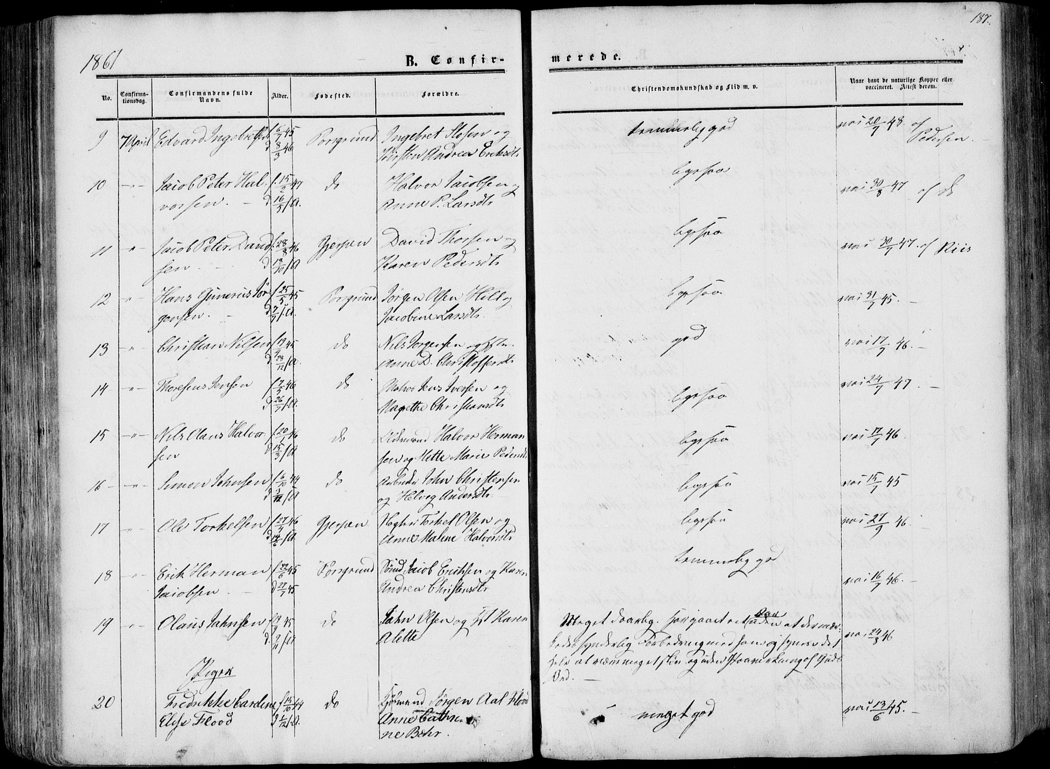 Porsgrunn kirkebøker , SAKO/A-104/F/Fa/L0007: Ministerialbok nr. 7, 1858-1877, s. 187