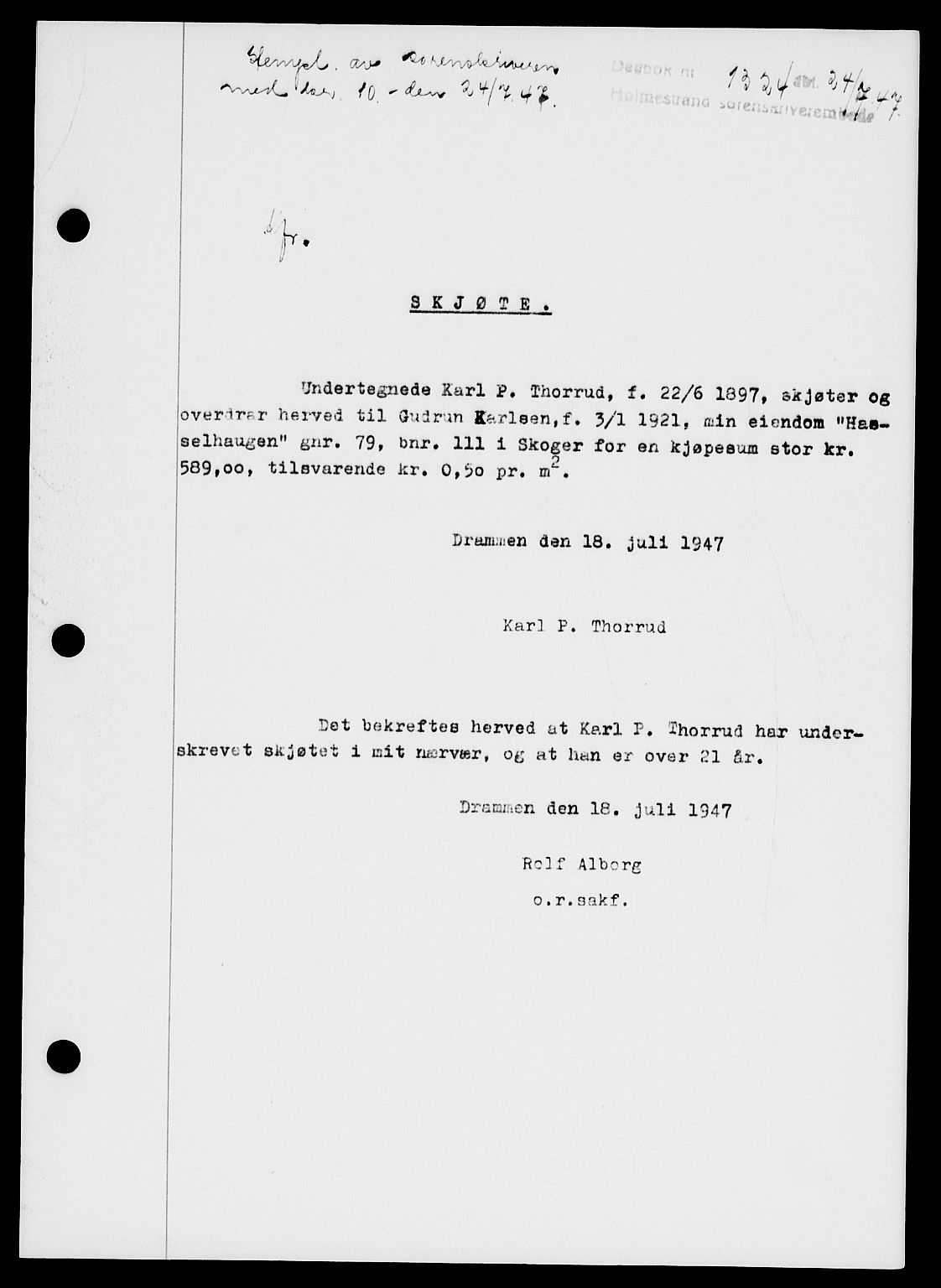 Holmestrand sorenskriveri, SAKO/A-67/G/Ga/Gaa/L0062: Pantebok nr. A-62, 1947-1947, Dagboknr: 1324/1947