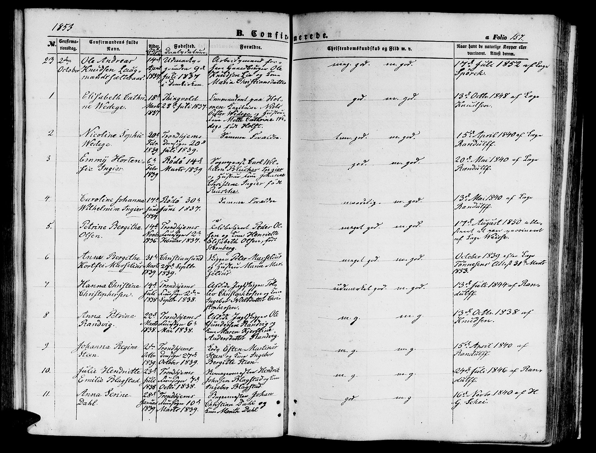 Ministerialprotokoller, klokkerbøker og fødselsregistre - Sør-Trøndelag, AV/SAT-A-1456/602/L0138: Klokkerbok nr. 602C06, 1853-1858, s. 157