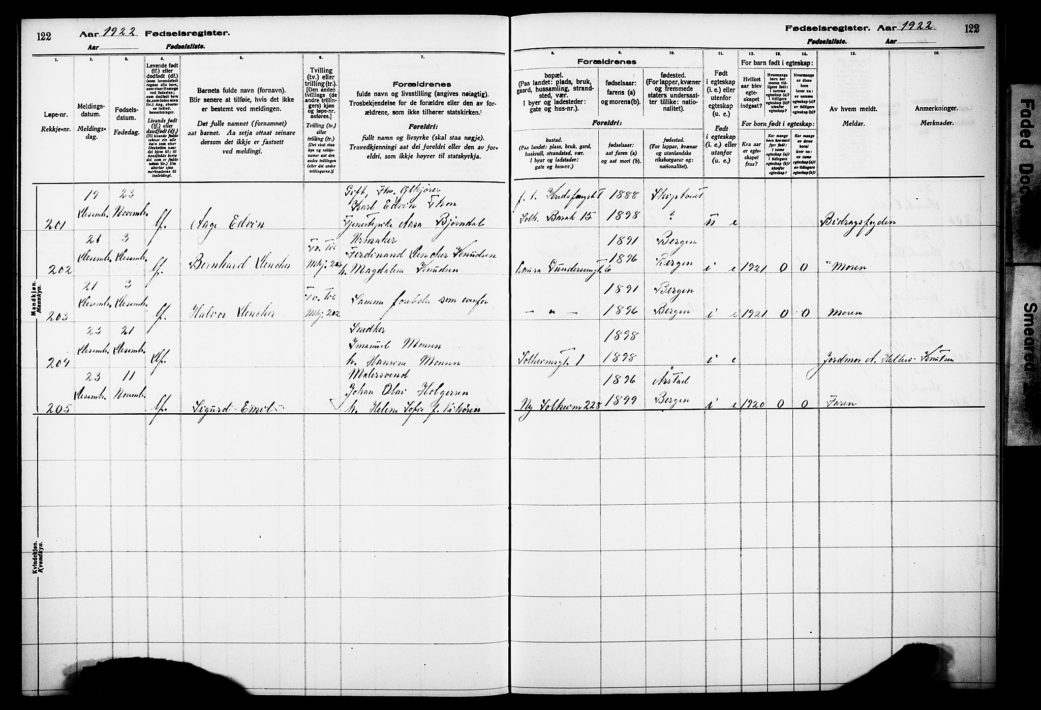 Årstad Sokneprestembete, AV/SAB-A-79301/I/Id/L0A02: Fødselsregister nr. A 2, 1920-1924, s. 122