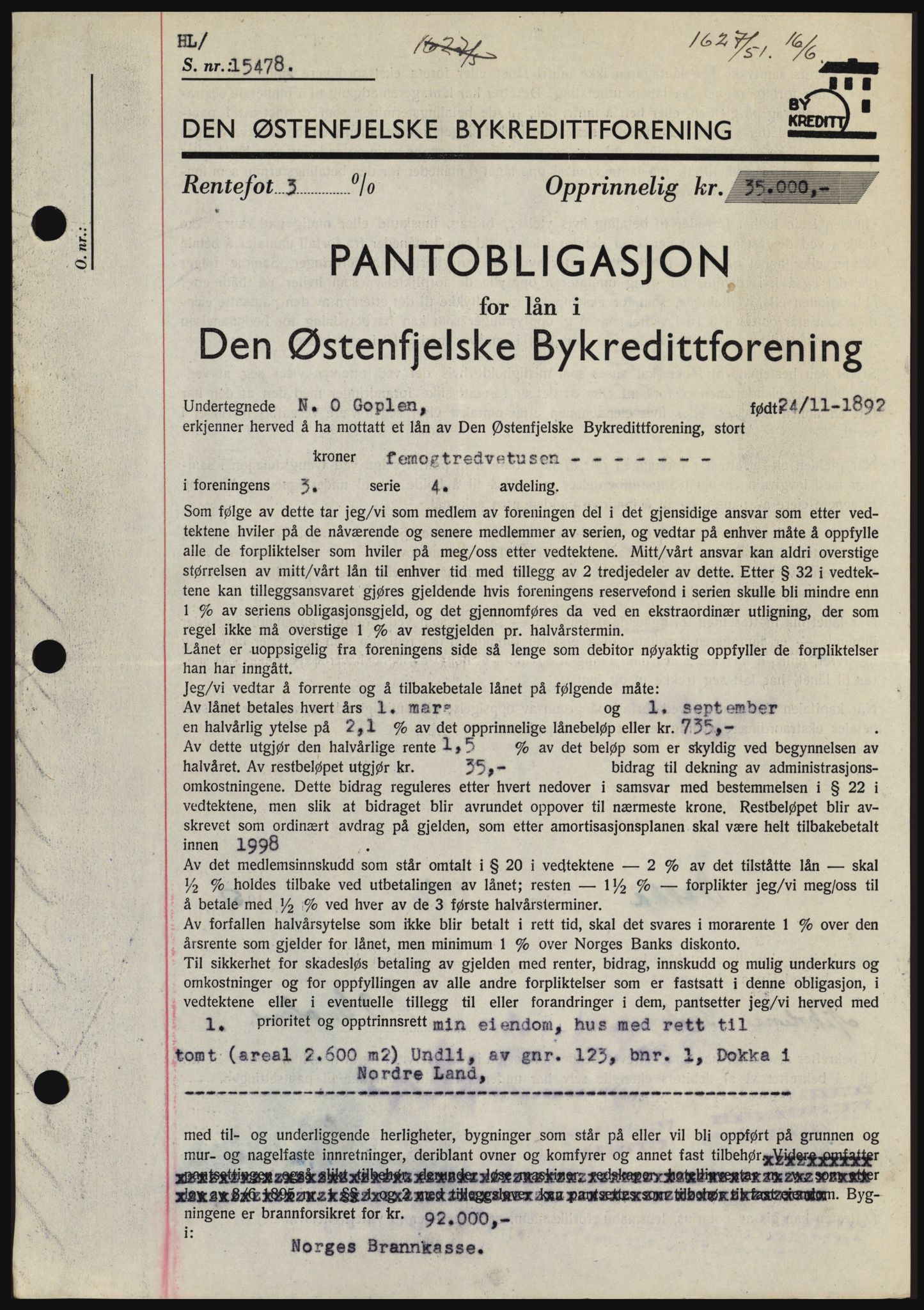 Hadeland og Land tingrett, SAH/TING-010/H/Hb/Hbc/L0021: Pantebok nr. B21, 1951-1951, Dagboknr: 1627/1951