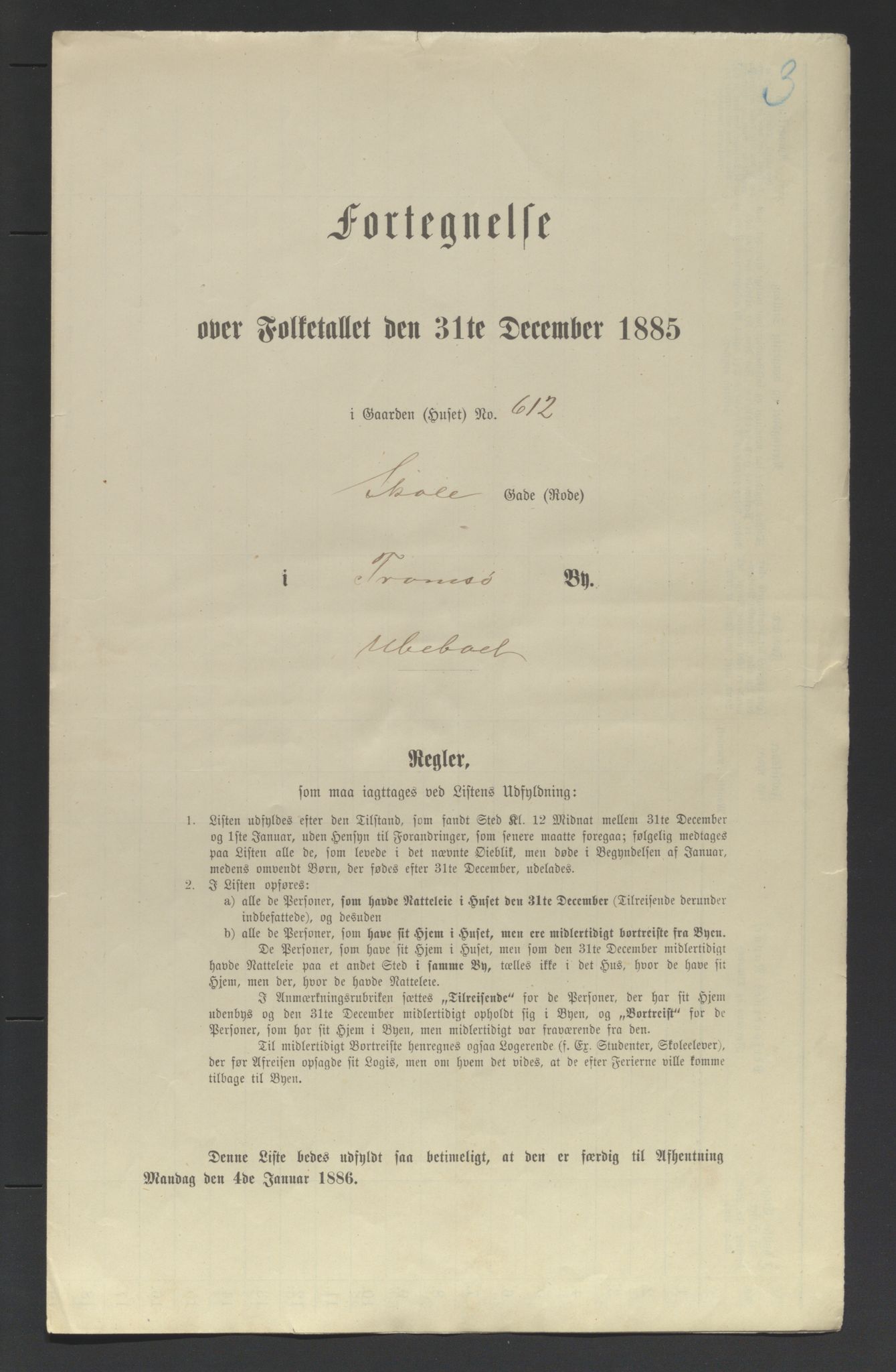 SATØ, Folketelling 1885 for 1902 Tromsø kjøpstad, 1885, s. 3a