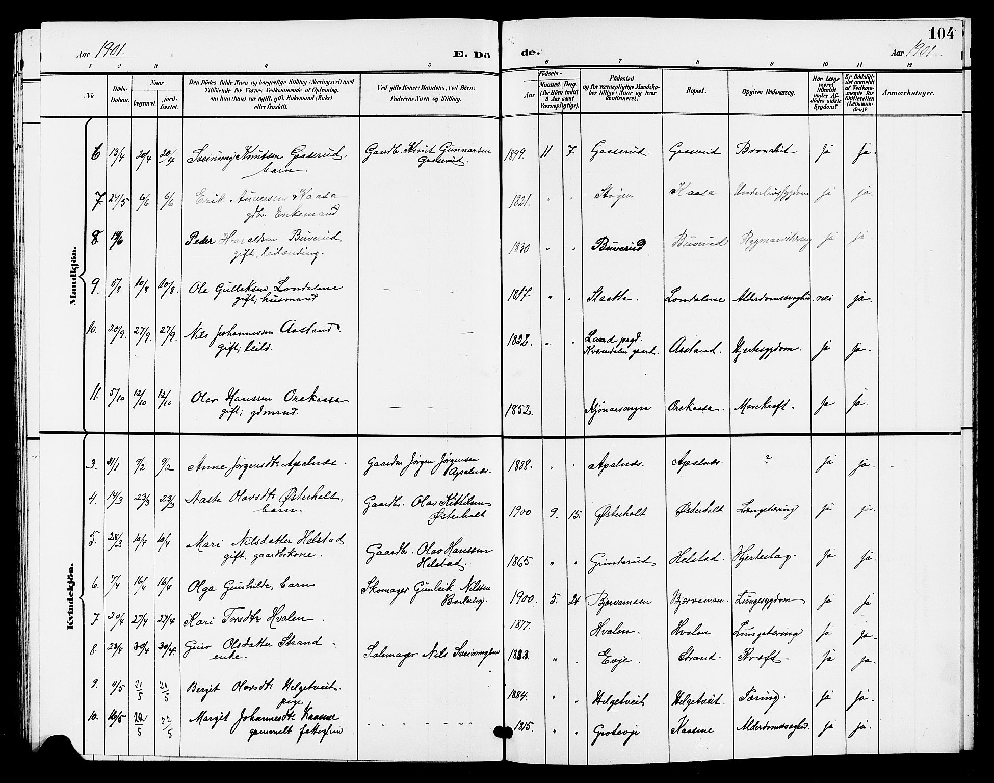 Lunde kirkebøker, AV/SAKO-A-282/G/Ga/L0003: Klokkerbok nr. I 3, 1896-1905, s. 104