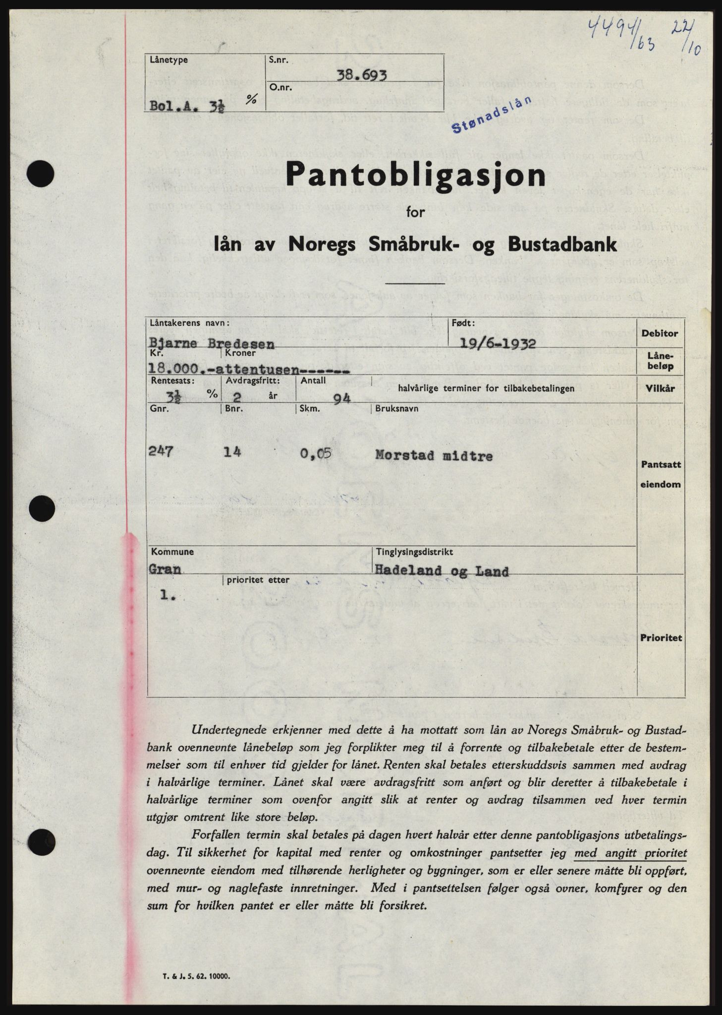 Hadeland og Land tingrett, SAH/TING-010/H/Hb/Hbc/L0053: Pantebok nr. B53, 1963-1964, Dagboknr: 4494/1963