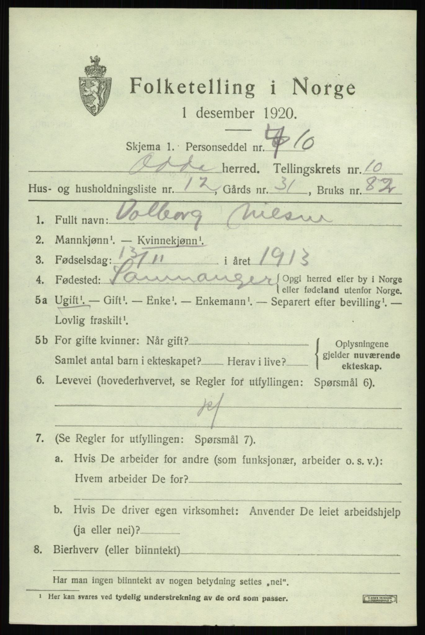 SAB, Folketelling 1920 for 1228 Odda herred, 1920, s. 9903