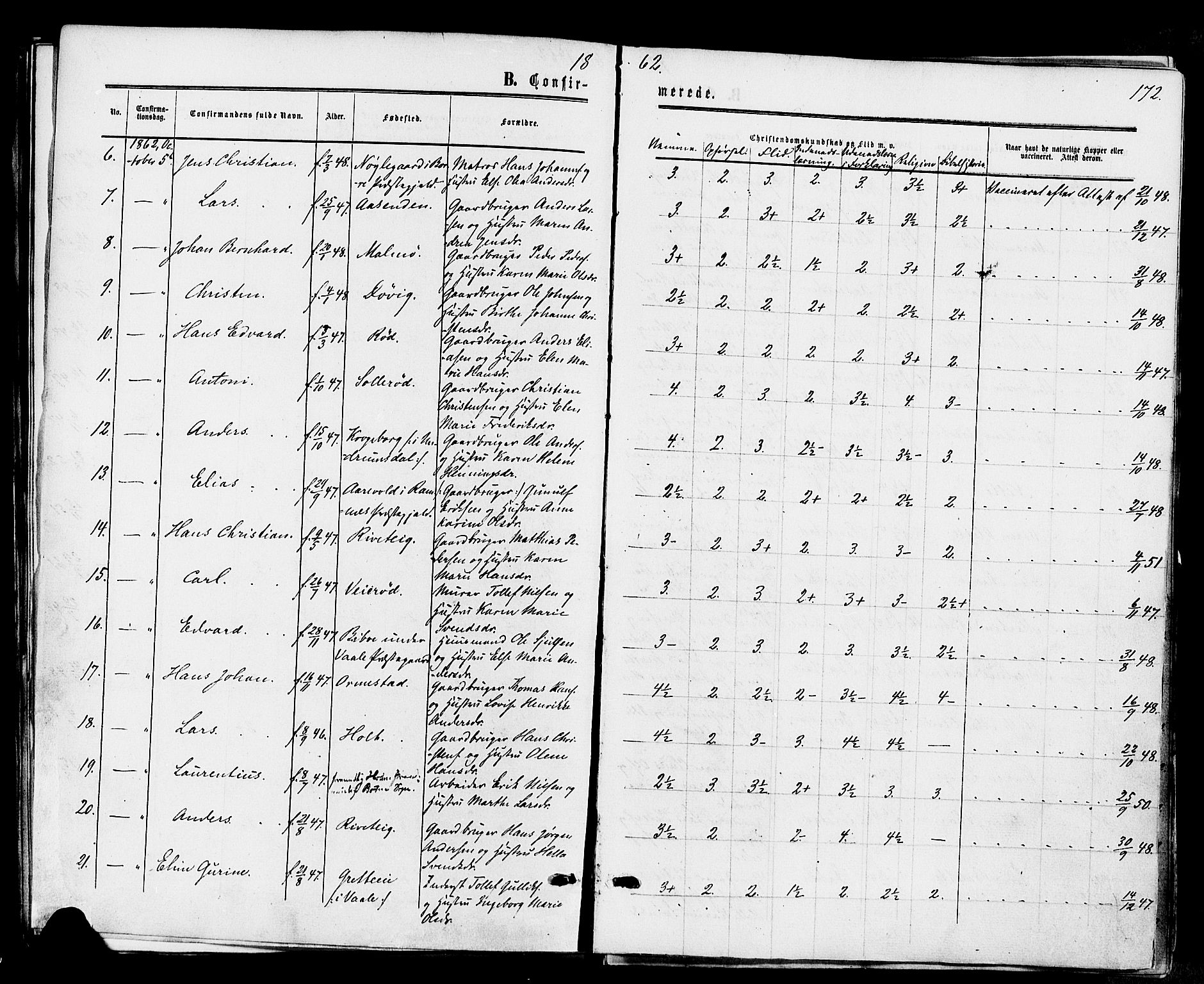 Våle kirkebøker, AV/SAKO-A-334/F/Fa/L0010: Ministerialbok nr. I 10, 1861-1877, s. 172