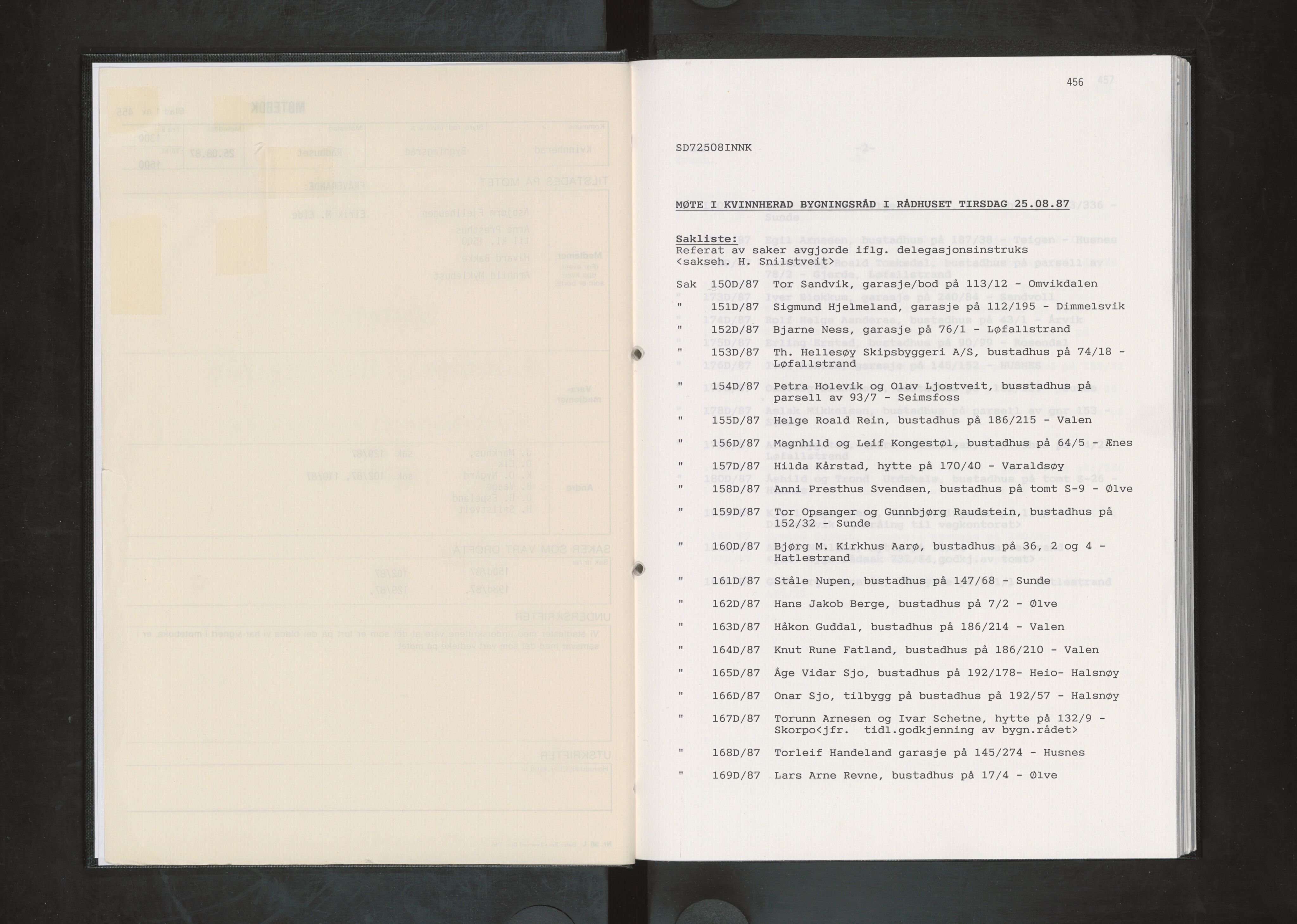 Kvinnherad kommune. Bygningsrådet , IKAH/1224-511/A/Aa/L0054: Møtebok for Kvinnherad bygningsråd, 1987