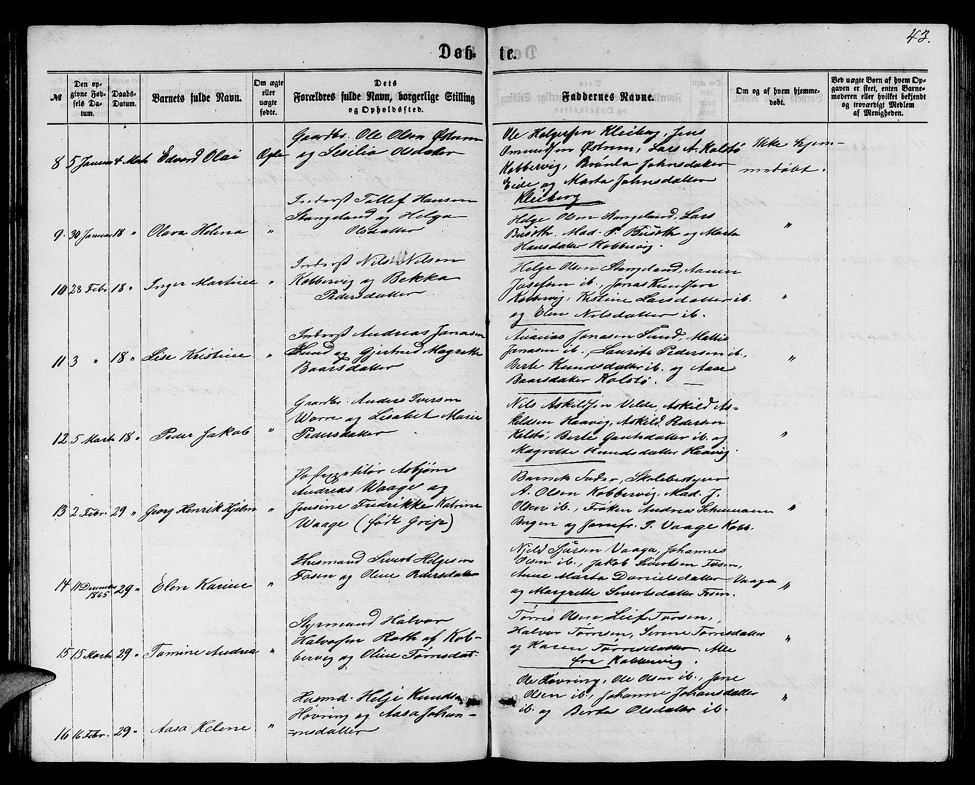 Avaldsnes sokneprestkontor, AV/SAST-A -101851/H/Ha/Hab/L0004: Klokkerbok nr. B 4, 1861-1876, s. 43