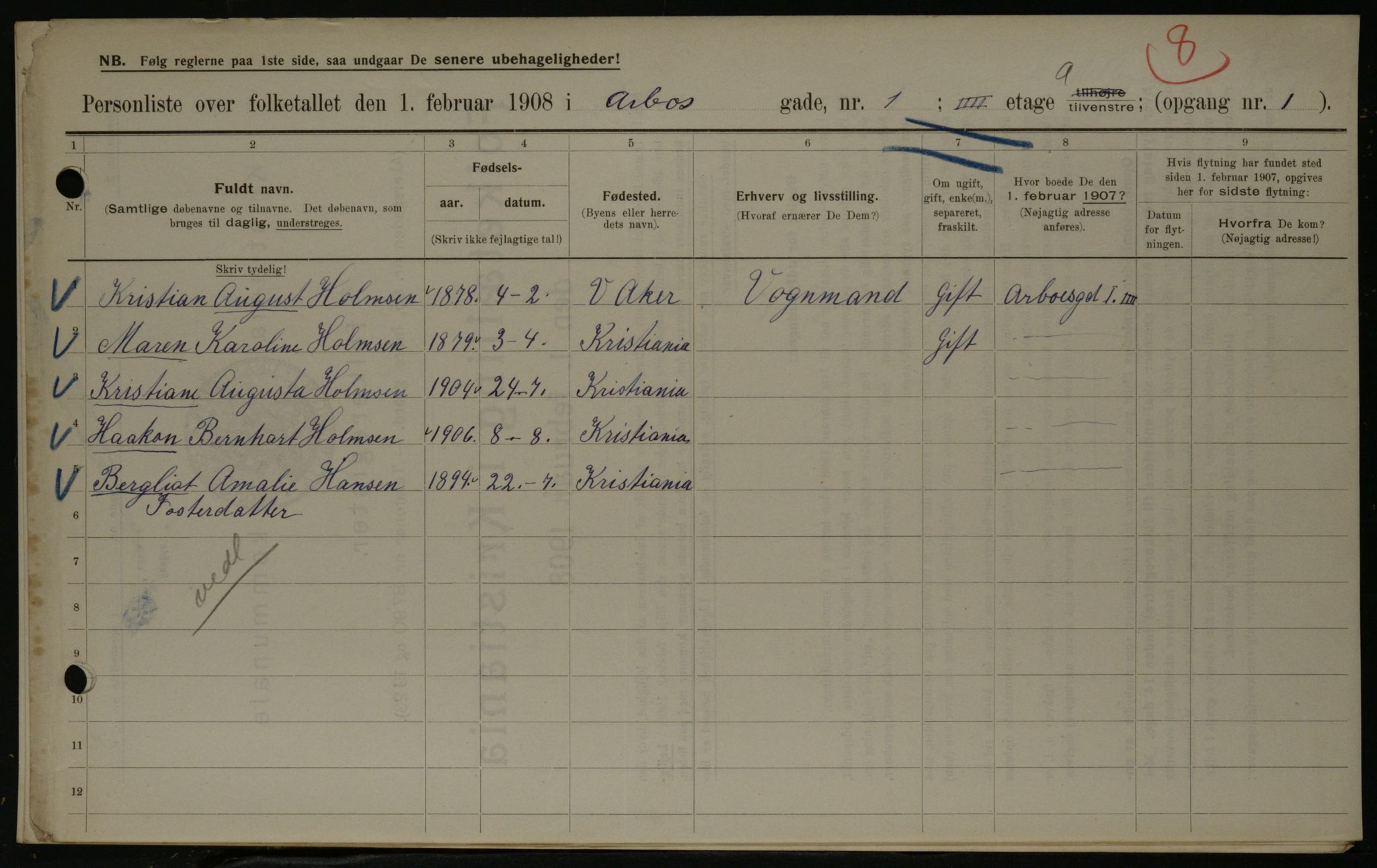 OBA, Kommunal folketelling 1.2.1908 for Kristiania kjøpstad, 1908, s. 1914