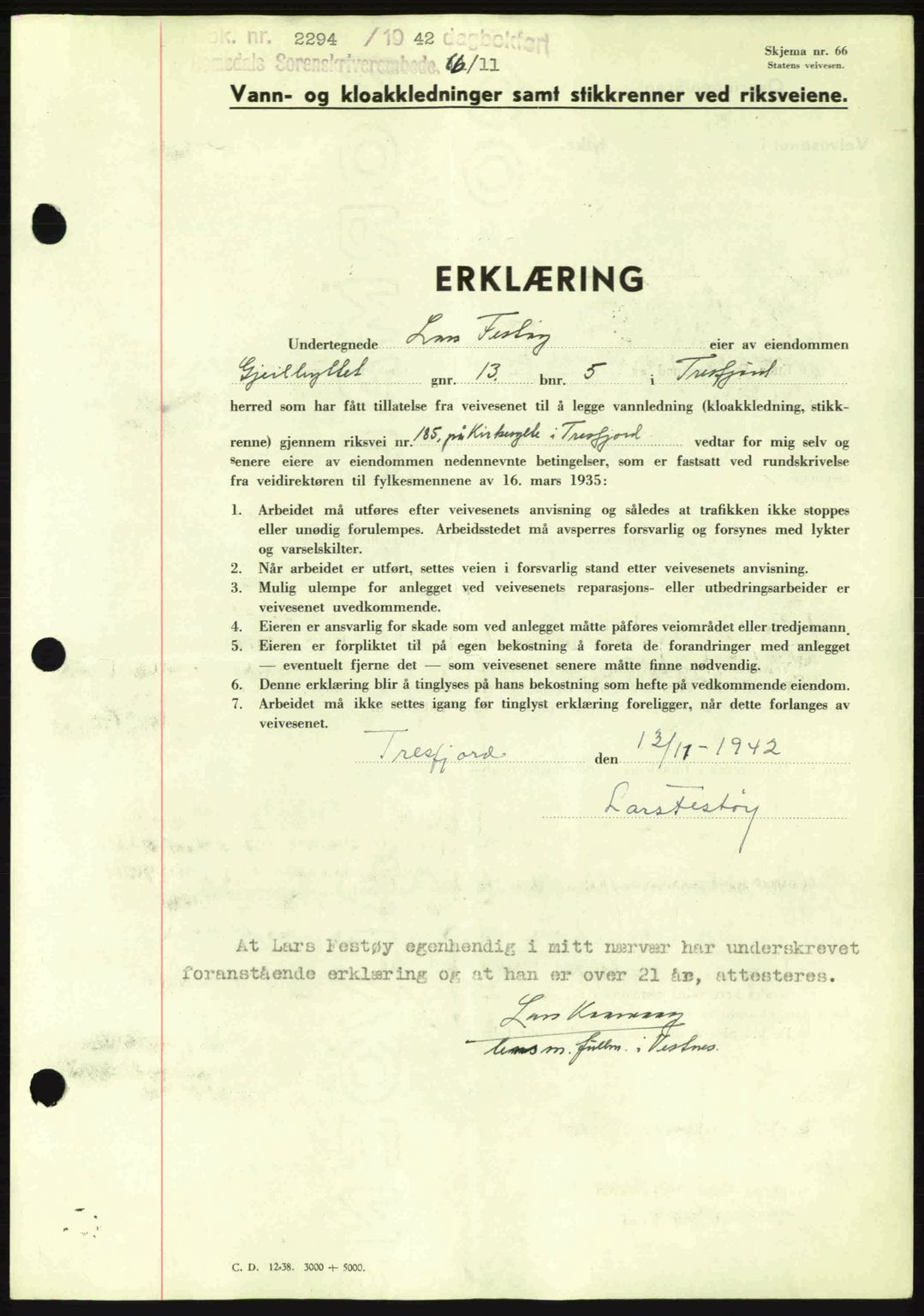 Romsdal sorenskriveri, SAT/A-4149/1/2/2C: Pantebok nr. B2, 1939-1945, Dagboknr: 2294/1942