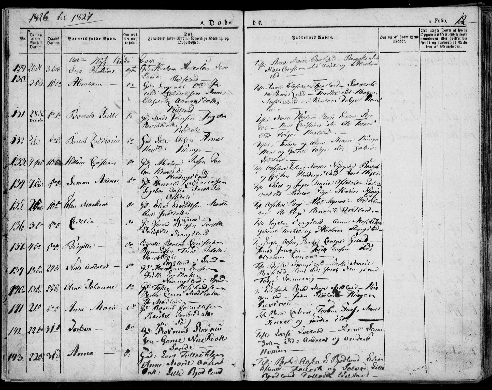 Lyngdal sokneprestkontor, AV/SAK-1111-0029/F/Fa/Fac/L0007: Ministerialbok nr. A 7, 1825-1838, s. 12