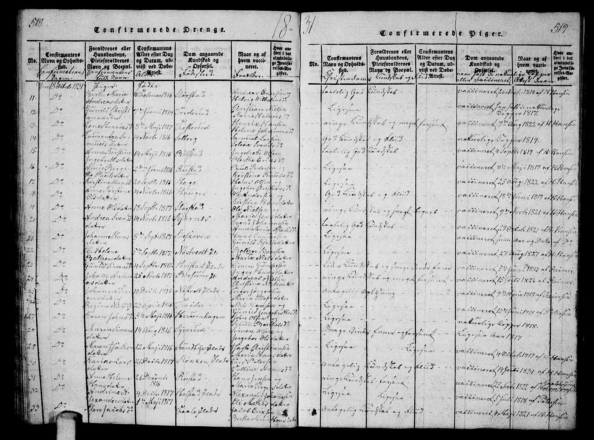 Ås prestekontor Kirkebøker, AV/SAO-A-10894/G/Ga/L0002: Klokkerbok nr. I 2, 1820-1836, s. 518-519