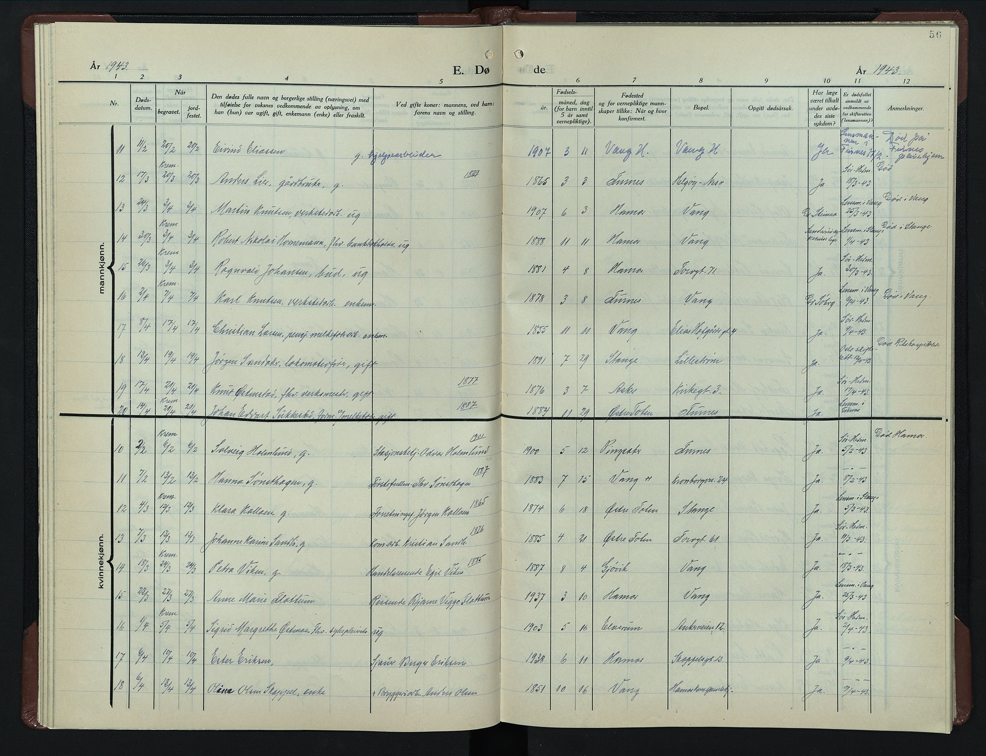 Hamar prestekontor, SAH/DOMPH-002/H/Ha/Hab/L0007: Klokkerbok nr. 7, 1933-1950, s. 56