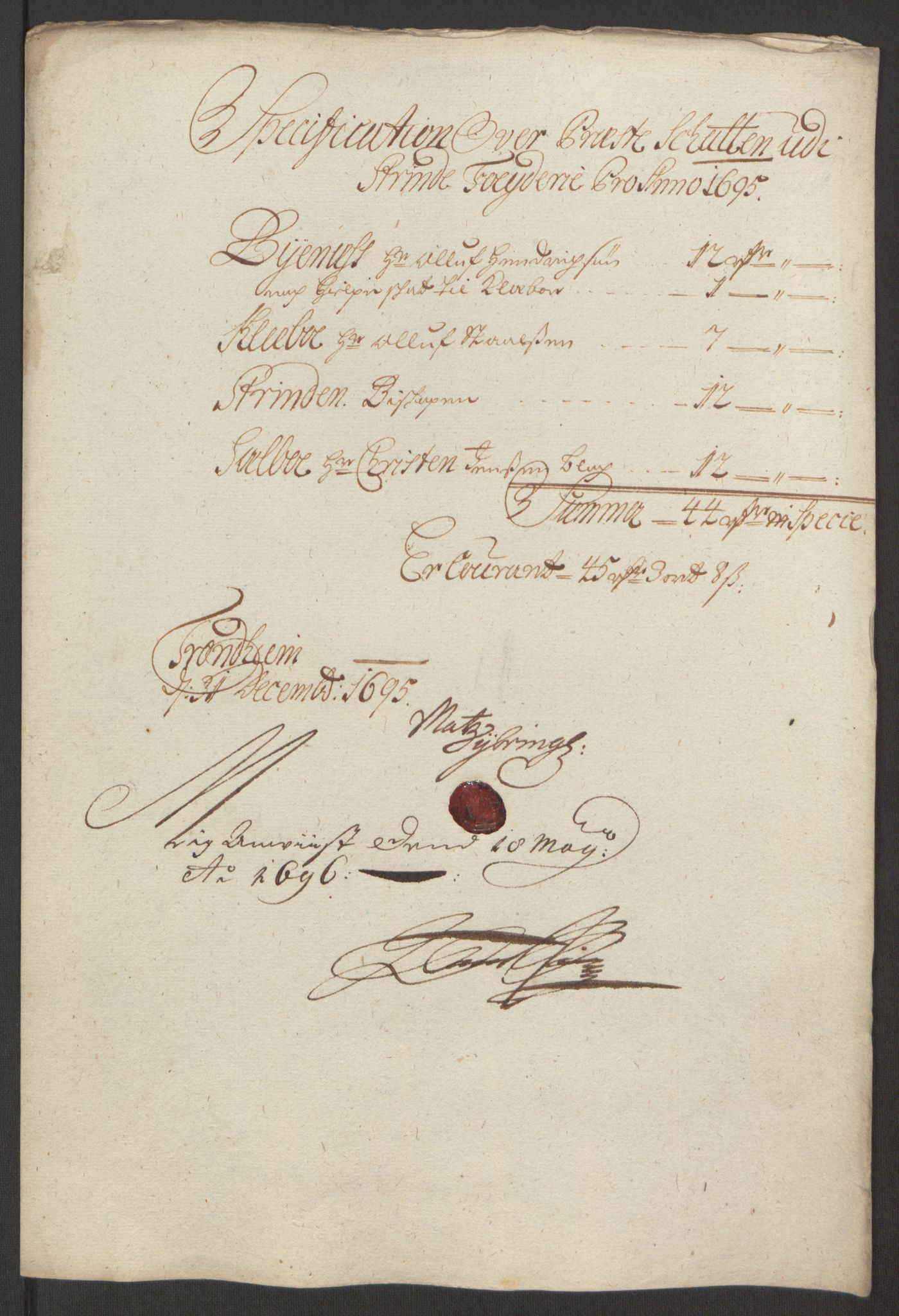 Rentekammeret inntil 1814, Reviderte regnskaper, Fogderegnskap, AV/RA-EA-4092/R61/L4105: Fogderegnskap Strinda og Selbu, 1695, s. 69