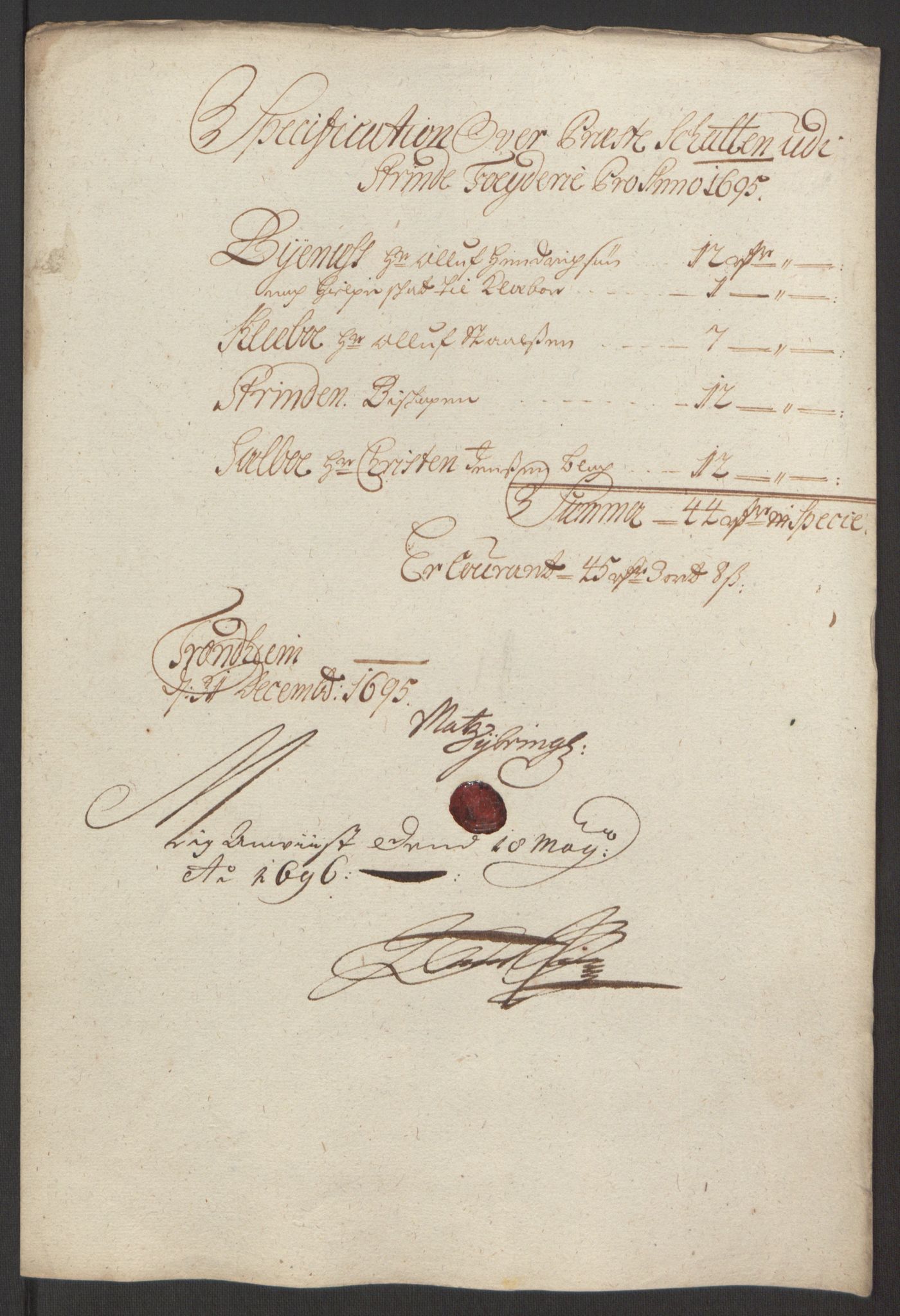 Rentekammeret inntil 1814, Reviderte regnskaper, Fogderegnskap, RA/EA-4092/R61/L4105: Fogderegnskap Strinda og Selbu, 1695, s. 69