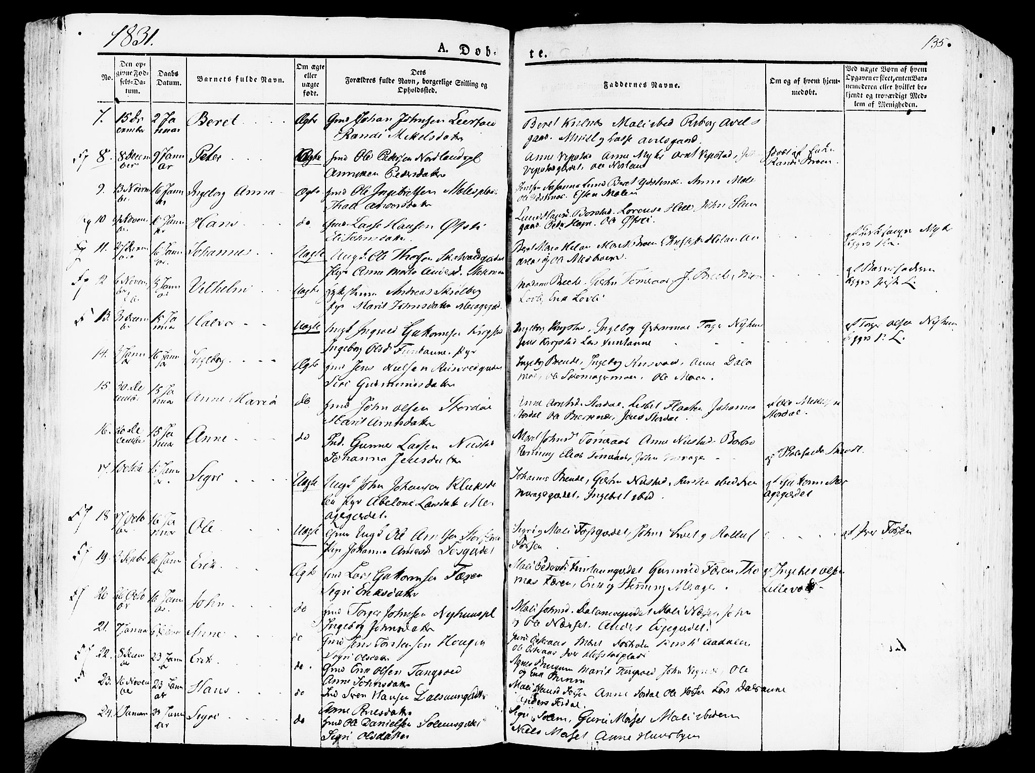 Ministerialprotokoller, klokkerbøker og fødselsregistre - Nord-Trøndelag, SAT/A-1458/709/L0070: Ministerialbok nr. 709A10, 1820-1832, s. 135