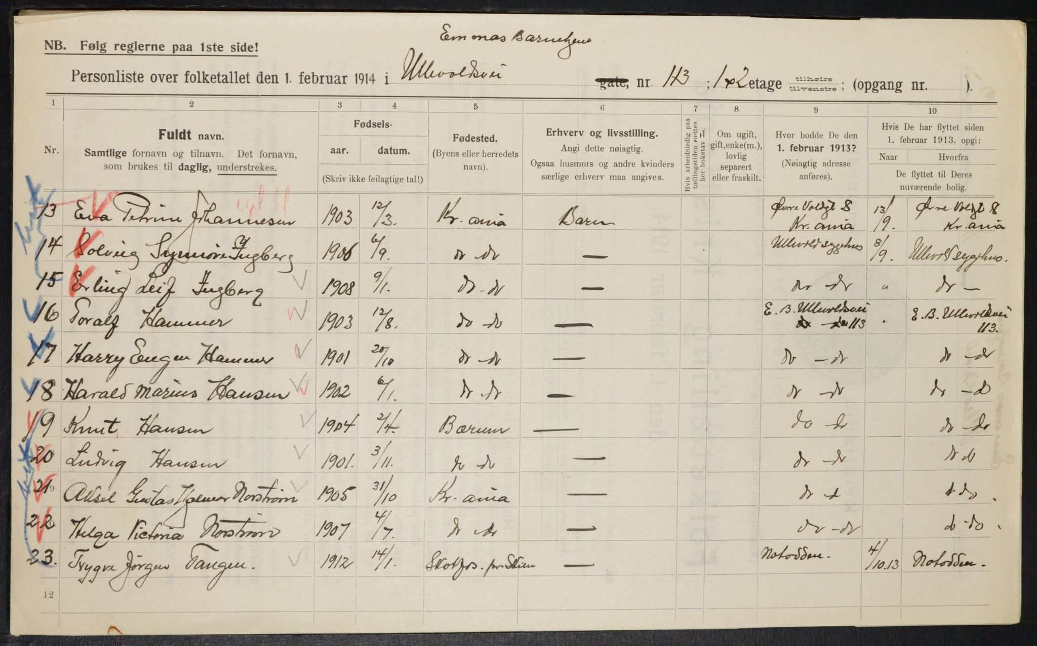 OBA, Kommunal folketelling 1.2.1914 for Kristiania, 1914, s. 120771