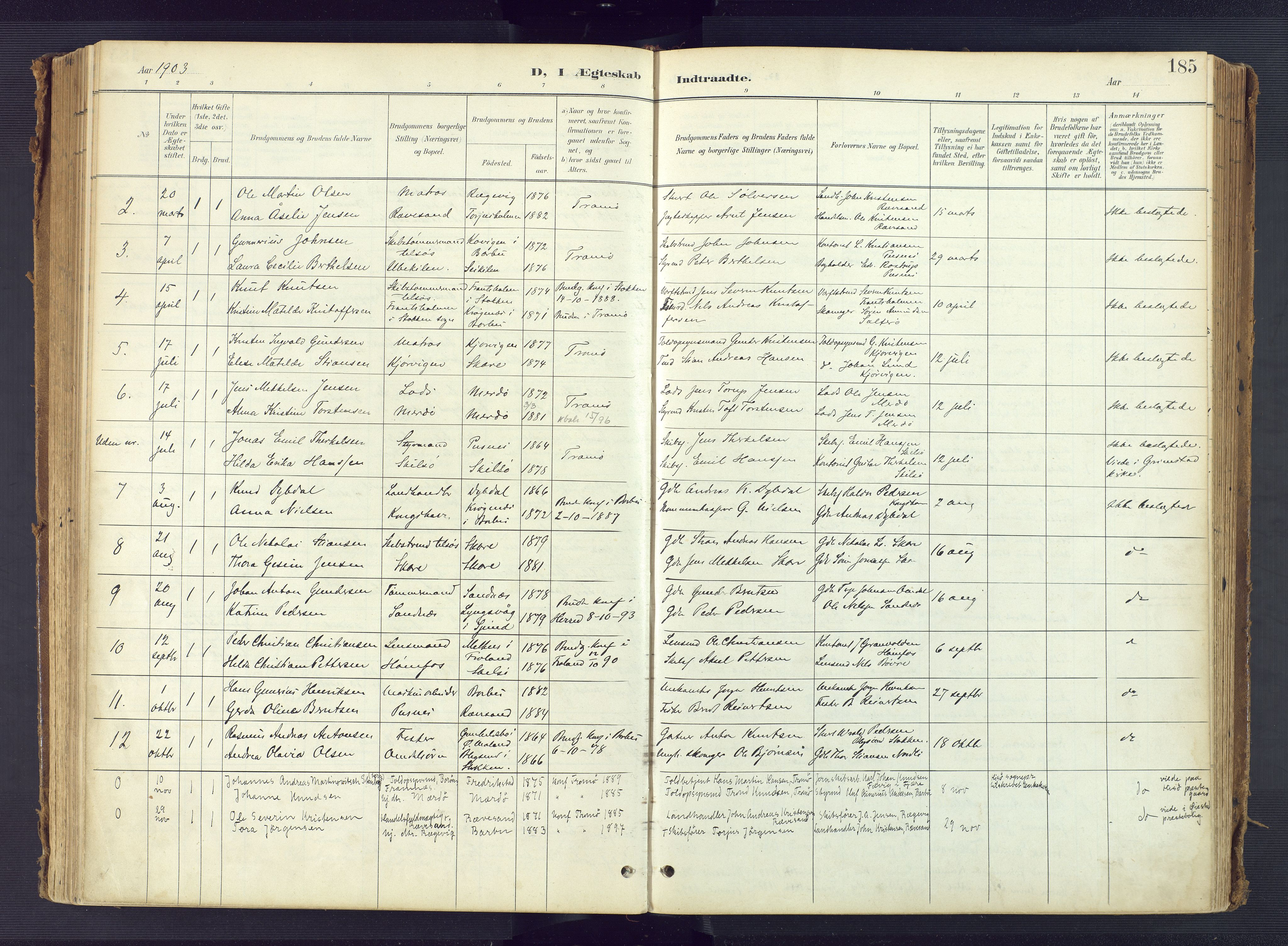 Tromøy sokneprestkontor, AV/SAK-1111-0041/F/Fa/L0010: Ministerialbok nr. A 10, 1896-1912, s. 185