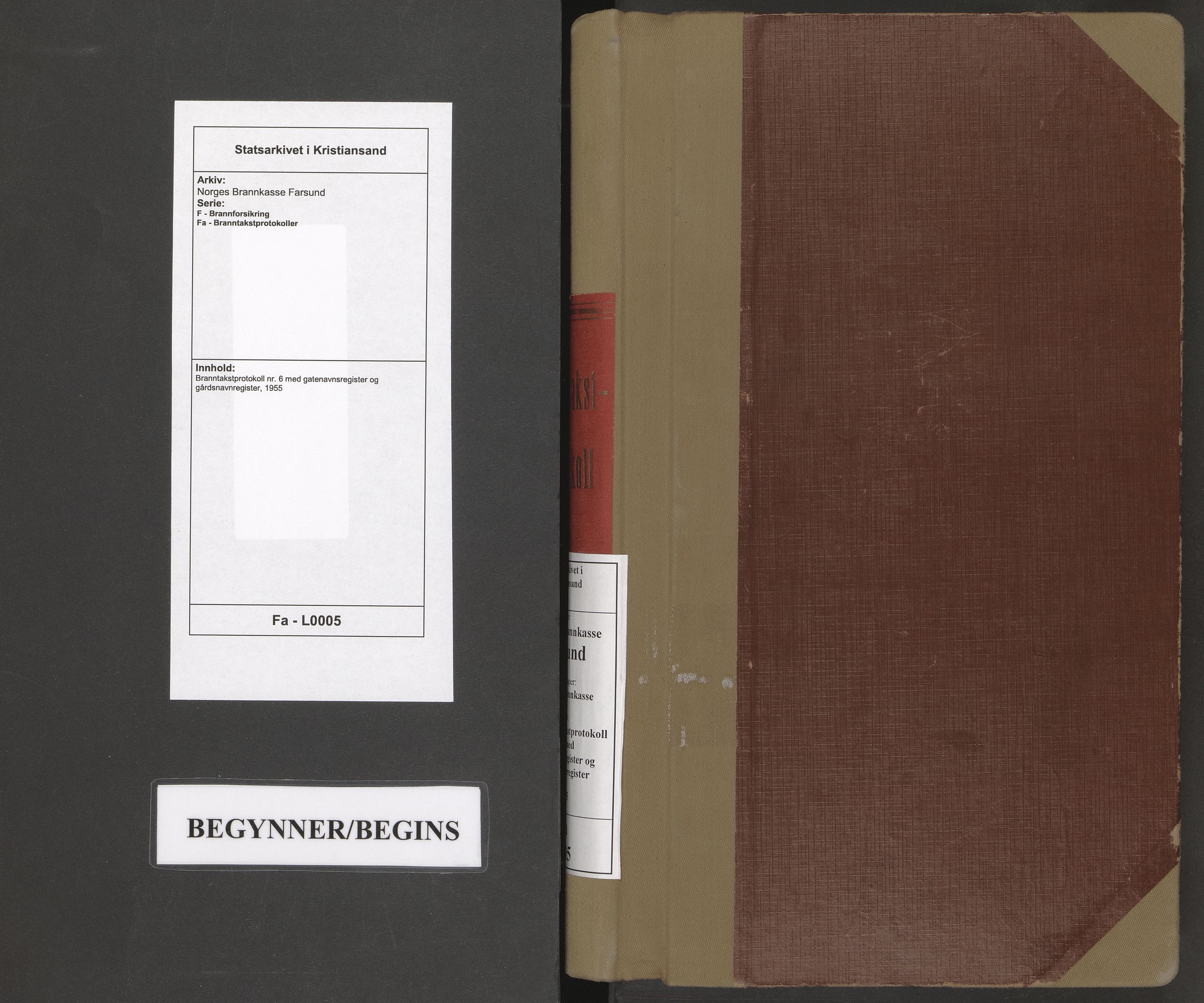 Norges Brannkasse Farsund, SAK/2241-0011/F/Fa/L0005: Branntakstprotokoll nr. 6 med gatenavnsregister og gårdsnavnregister, 1955