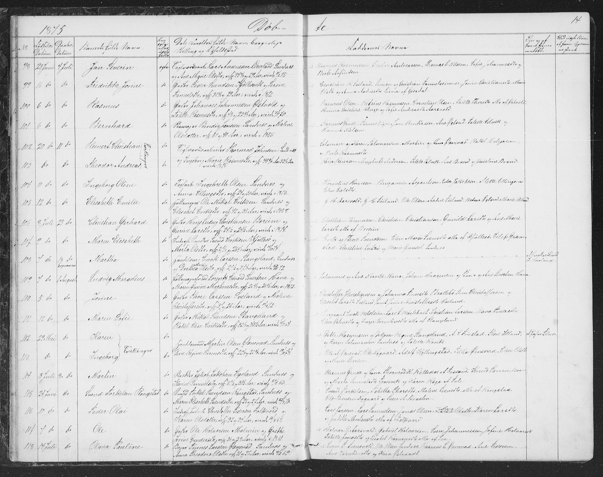 Høyland sokneprestkontor, AV/SAST-A-101799/001/30BB/L0002: Klokkerbok nr. B 2, 1874-1886, s. 14