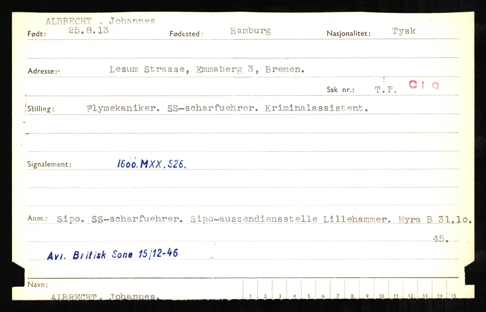 Forsvaret, Forsvarets overkommando II, AV/RA-RAFA-3915/D/Db/L0001: CI Questionaires. Tyske okkupasjonsstyrker i Norge. Tyskere., 1945-1946, s. 144