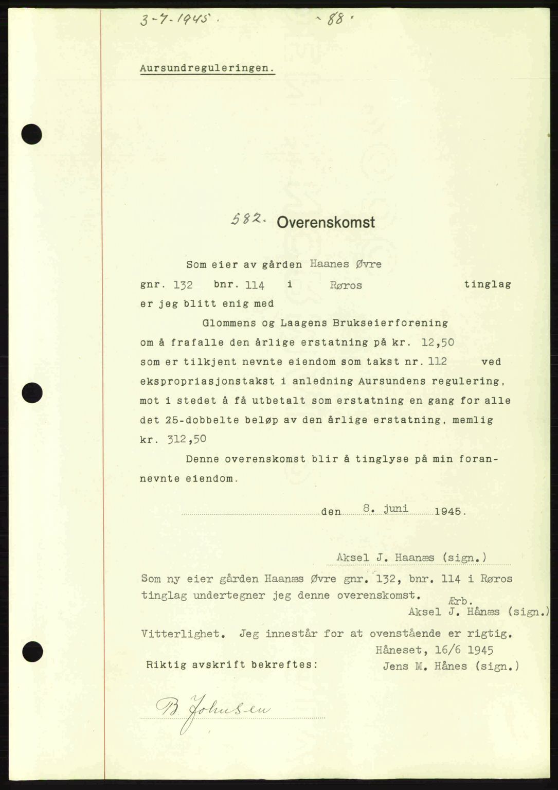 Gauldal sorenskriveri, SAT/A-0014/1/2/2C: Pantebok nr. A1a, 1945-1945, Dagboknr: 582/1945
