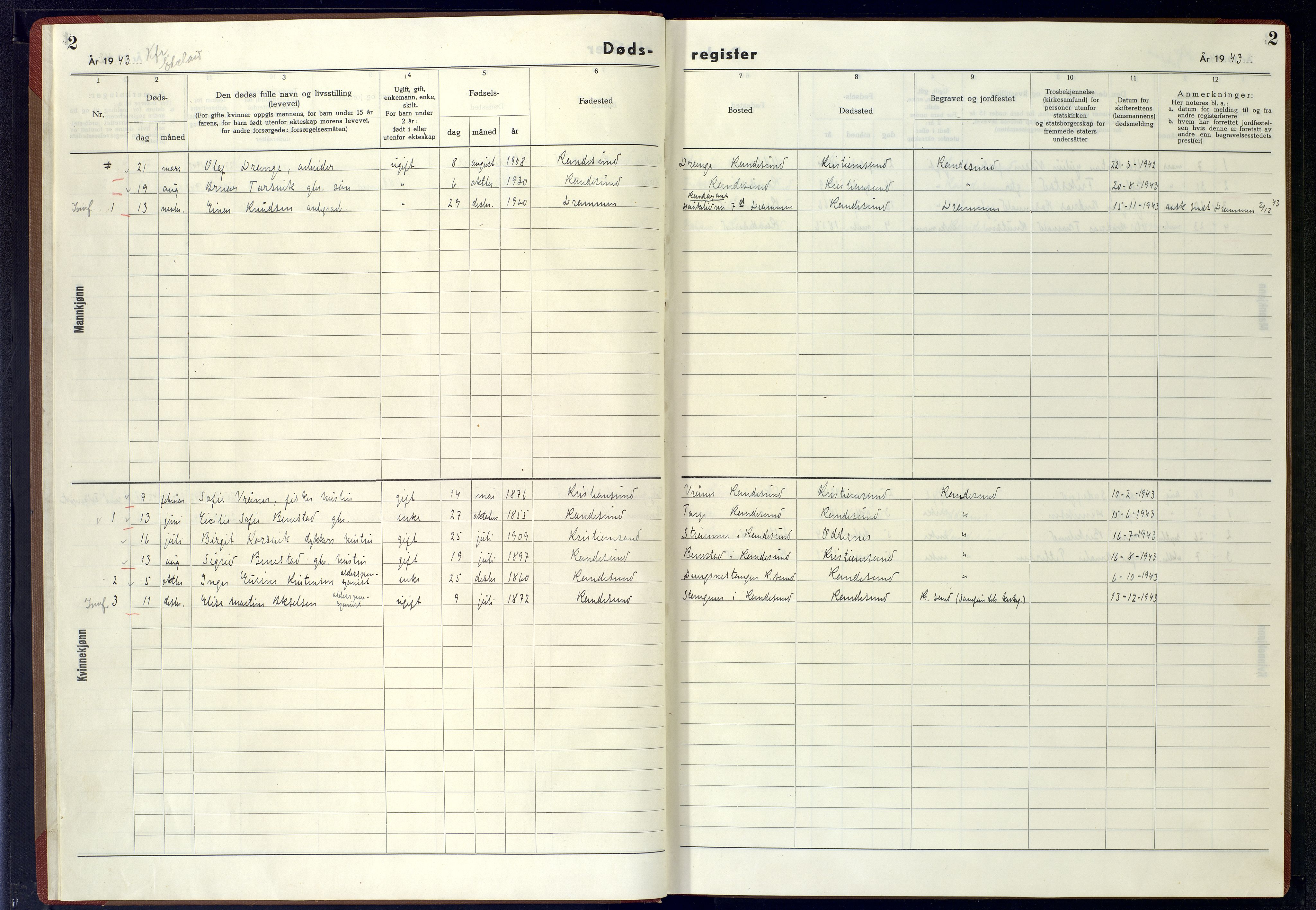 Oddernes sokneprestkontor, SAK/1111-0033/J/Jb/L0008: Dødsfallsregister Randesund, 1942-1945, s. 2