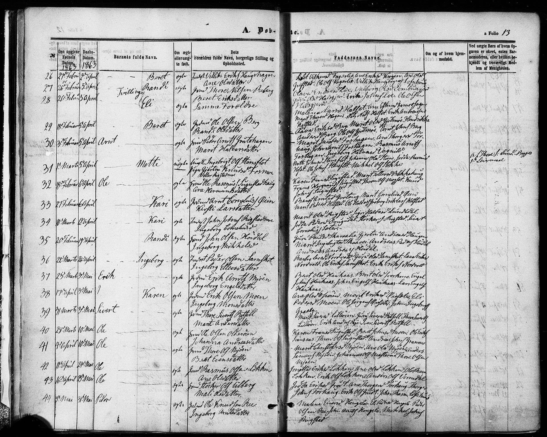 Ministerialprotokoller, klokkerbøker og fødselsregistre - Sør-Trøndelag, SAT/A-1456/672/L0856: Ministerialbok nr. 672A08, 1861-1881, s. 13
