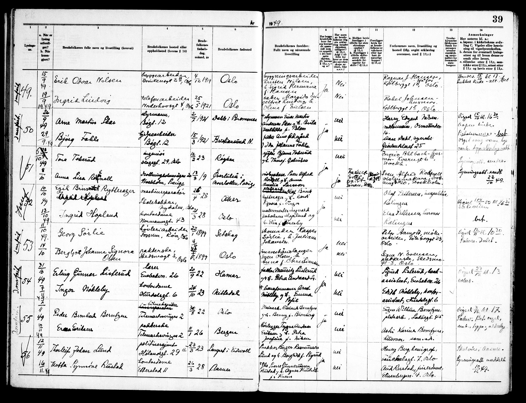 Kampen prestekontor Kirkebøker, SAO/A-10853/H/Ha/L0008: Lysningsprotokoll nr. 8, 1946-1956, s. 39