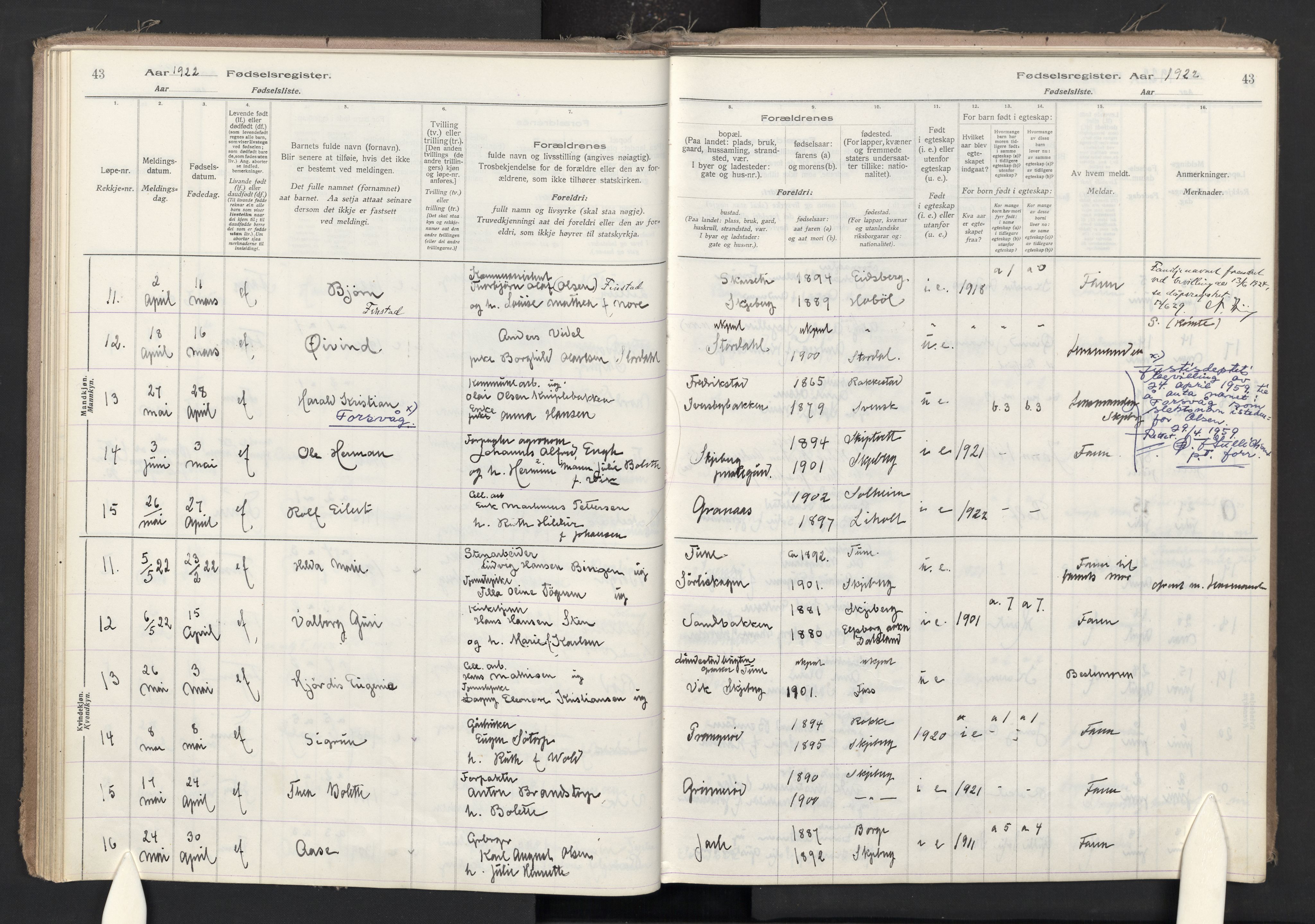 Skjeberg prestekontor Kirkebøker, AV/SAO-A-10923/J/Ja/L0001: Fødselsregister nr. I 1, 1916-1945, s. 43