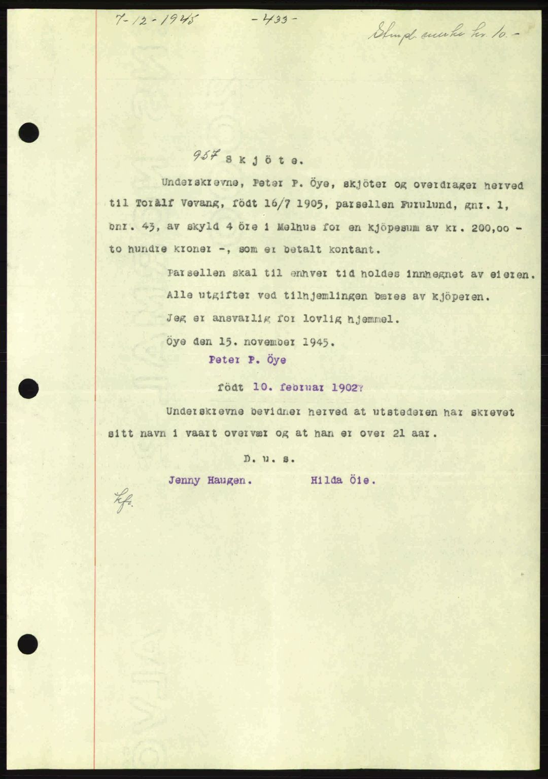 Gauldal sorenskriveri, SAT/A-0014/1/2/2C: Pantebok nr. A1a, 1945-1945, Dagboknr: 957/1945
