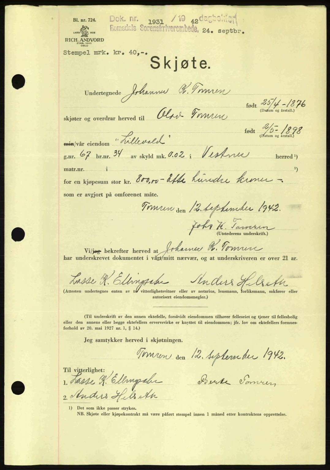 Romsdal sorenskriveri, SAT/A-4149/1/2/2C: Pantebok nr. A12, 1942-1942, Dagboknr: 1931/1942