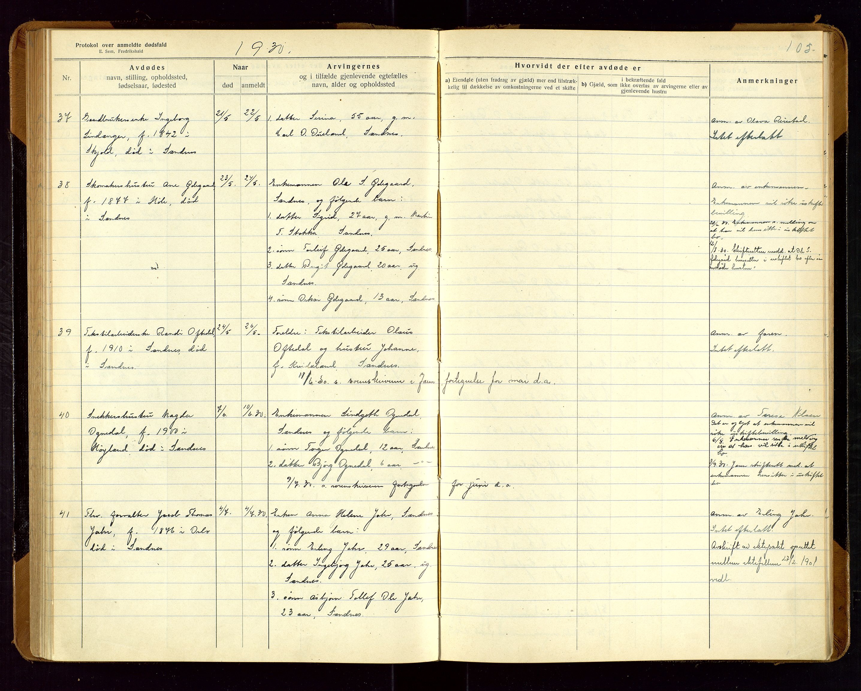 Sandnes lensmannskontor, AV/SAST-A-100167/Gga/L0001: "Protokol over anmeldte dødsfald" m/register, 1918-1940, s. 105