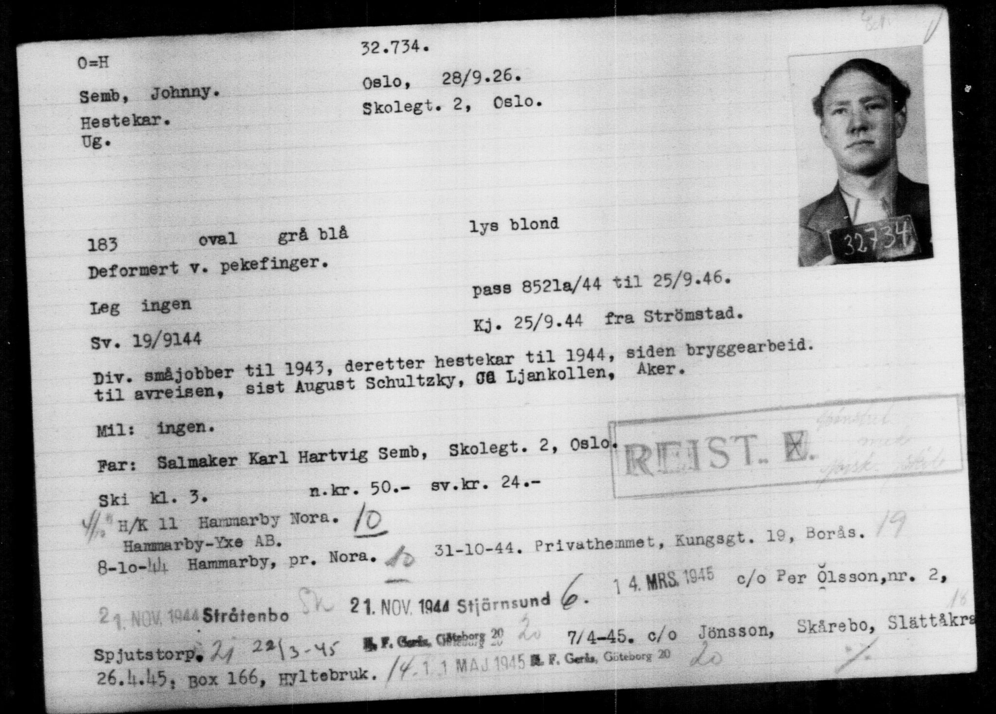Utenriksstasjonene, Legasjonen i Stockholm, Flyktningkontoret, AV/RA-S-6753/V/Va/L0013: Kjesäterkartoteket, flyktninger med registreringsnr. 31500-34731, 1940-1945, s. 1297