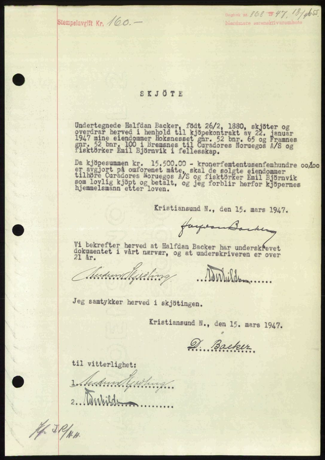 Nordmøre sorenskriveri, SAT/A-4132/1/2/2Ca: Pantebok nr. A104, 1947-1947, Dagboknr: 868/1947