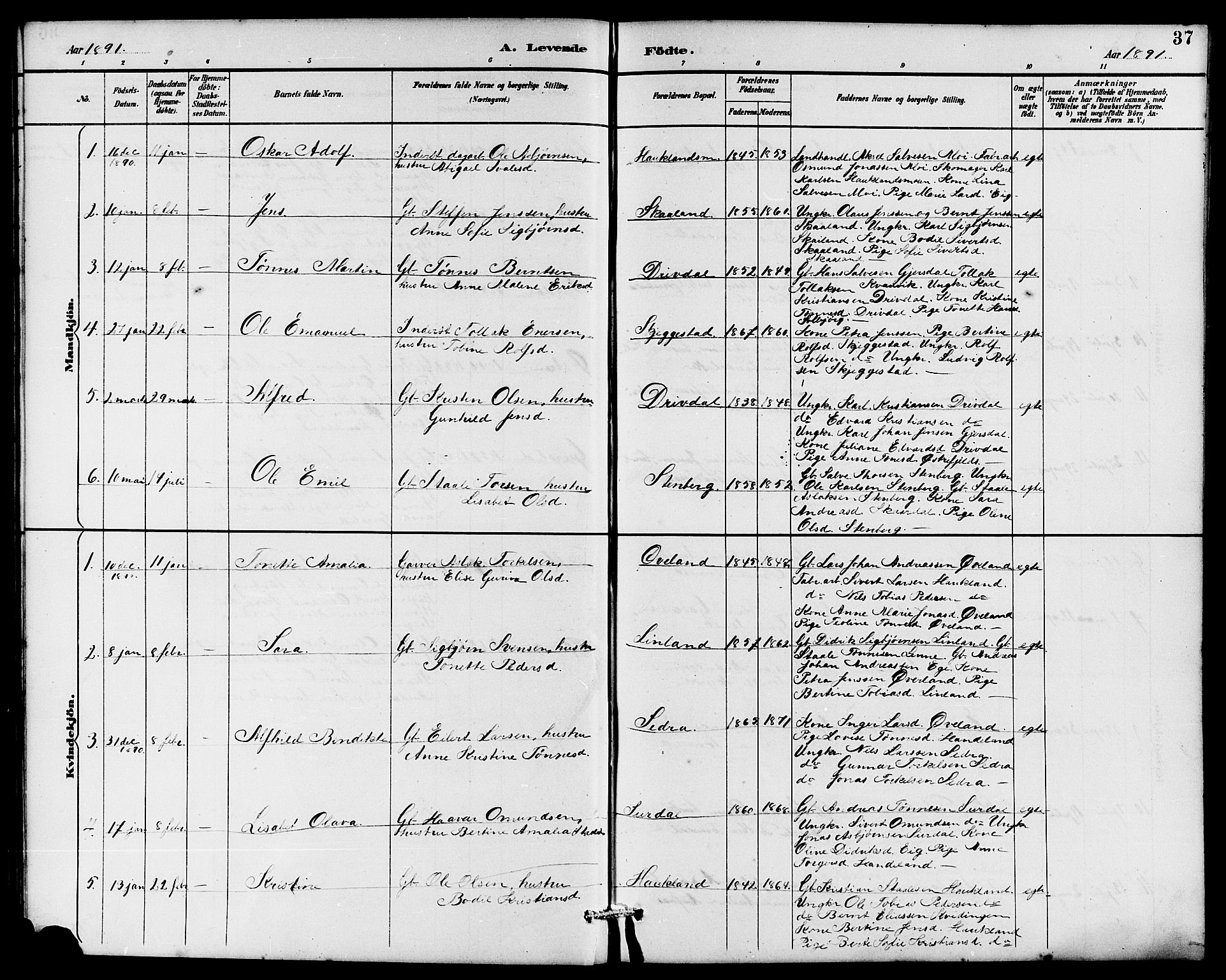 Lund sokneprestkontor, AV/SAST-A-101809/S07/L0006: Klokkerbok nr. B 6, 1885-1901, s. 37